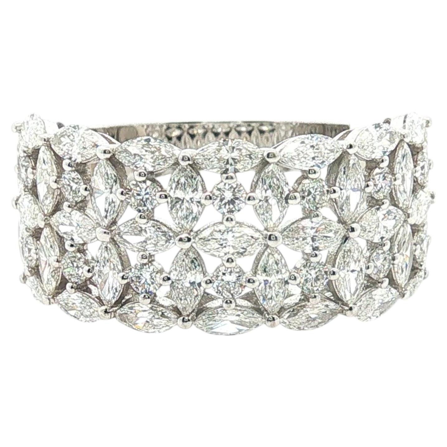 Bague à large bande en or blanc 18k avec diamant Marquise Mix Cut 1.85 carats