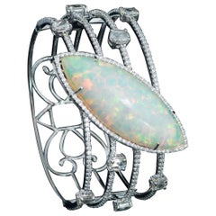 18K white gold, Marquise Ethiopian Opal & Rose Cut Diamond Cuff Bracelet