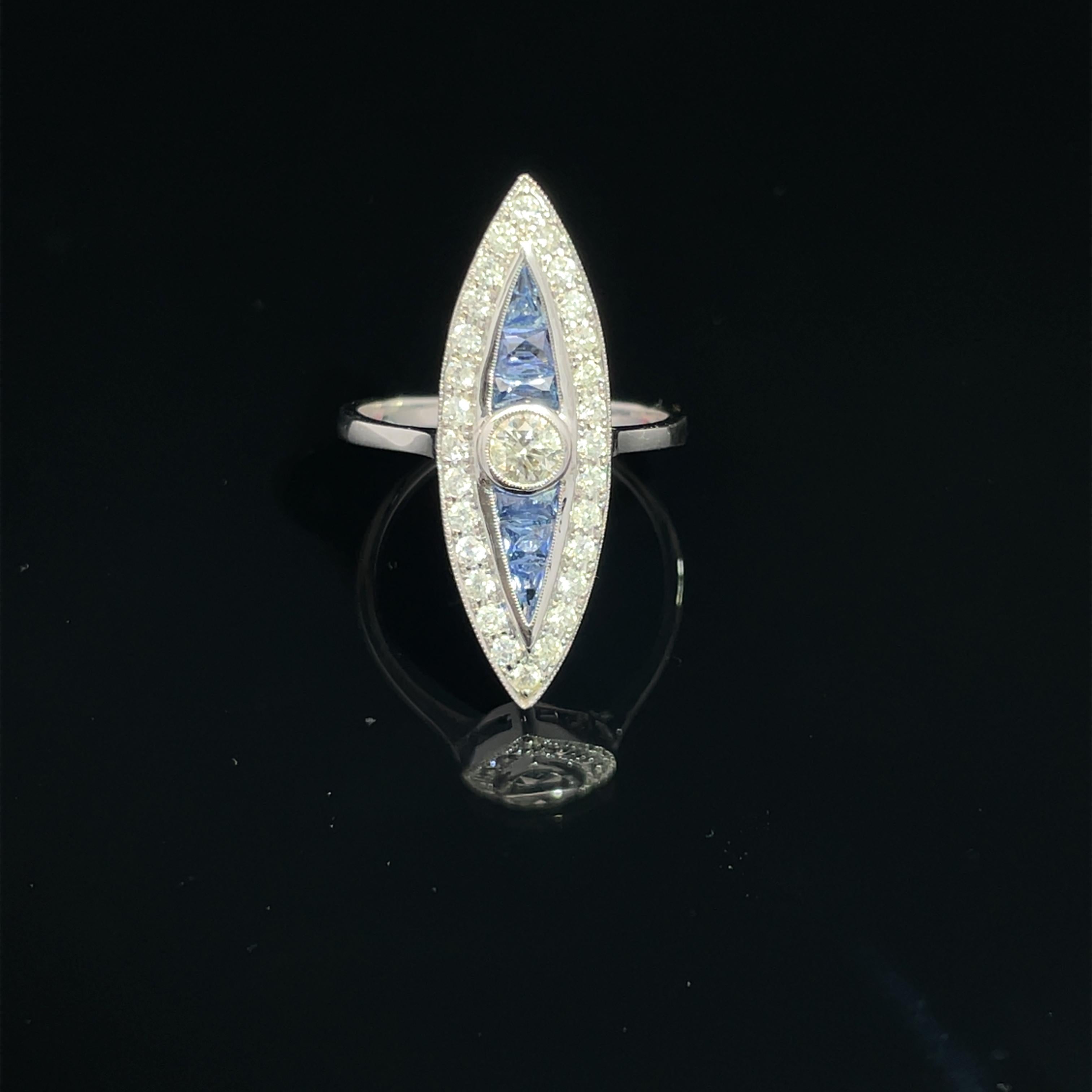 18k Weißgold Marquise Form Diamant & Saphir Ring im Angebot 1