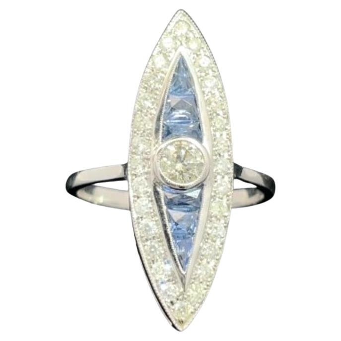 18k White Gold Marquise Shape Diamond & Sapphire Ring