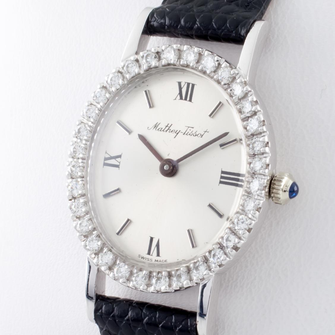 18 Karat Gold Mathey-Tissot Handaufzug Uhr mit Diamant-Lünette & Lederband (Rundschliff)