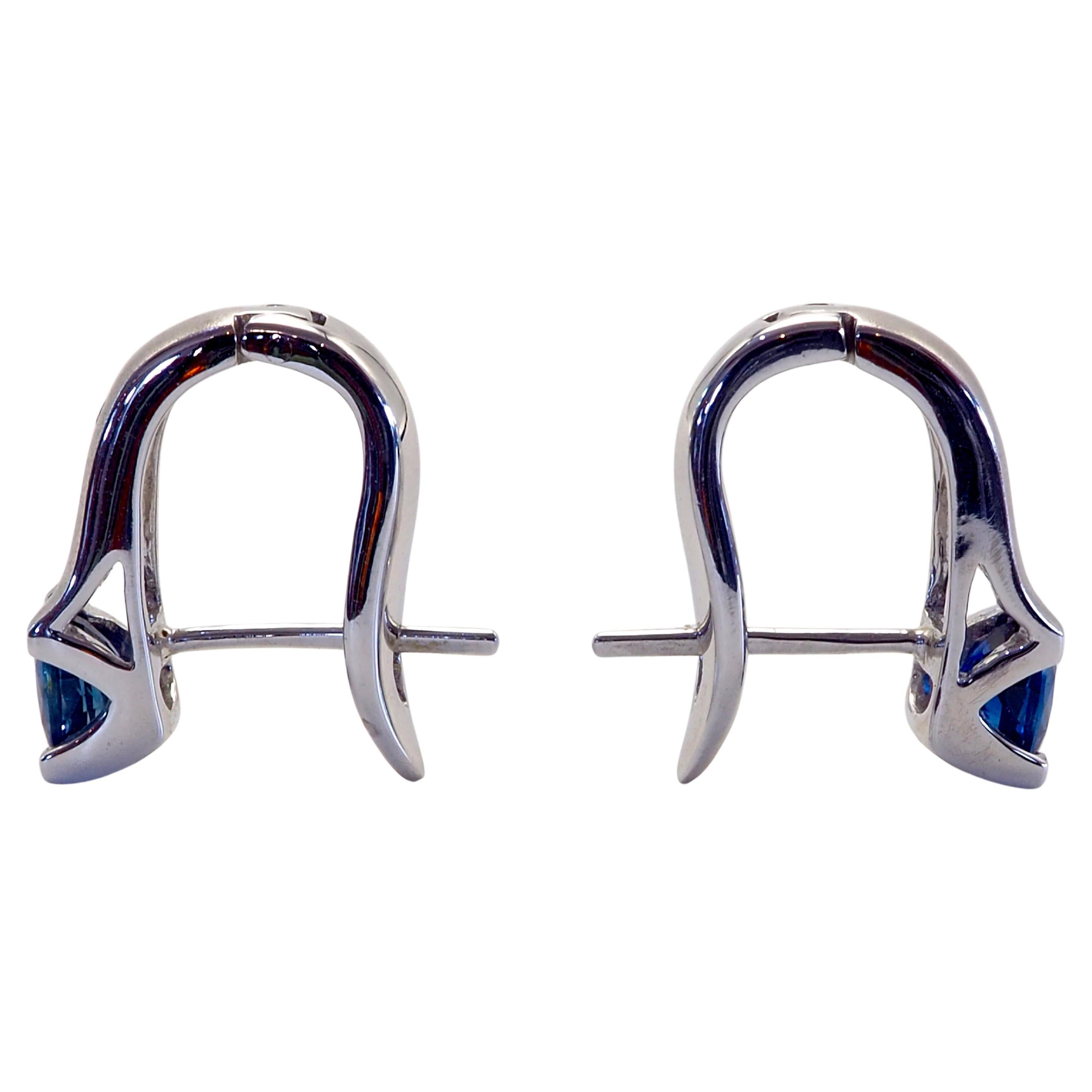 Oval Cut 18K White Gold Matted 1.06 Carat Blue Sapphire & 0.05 Carat Diamond Earrings For Sale