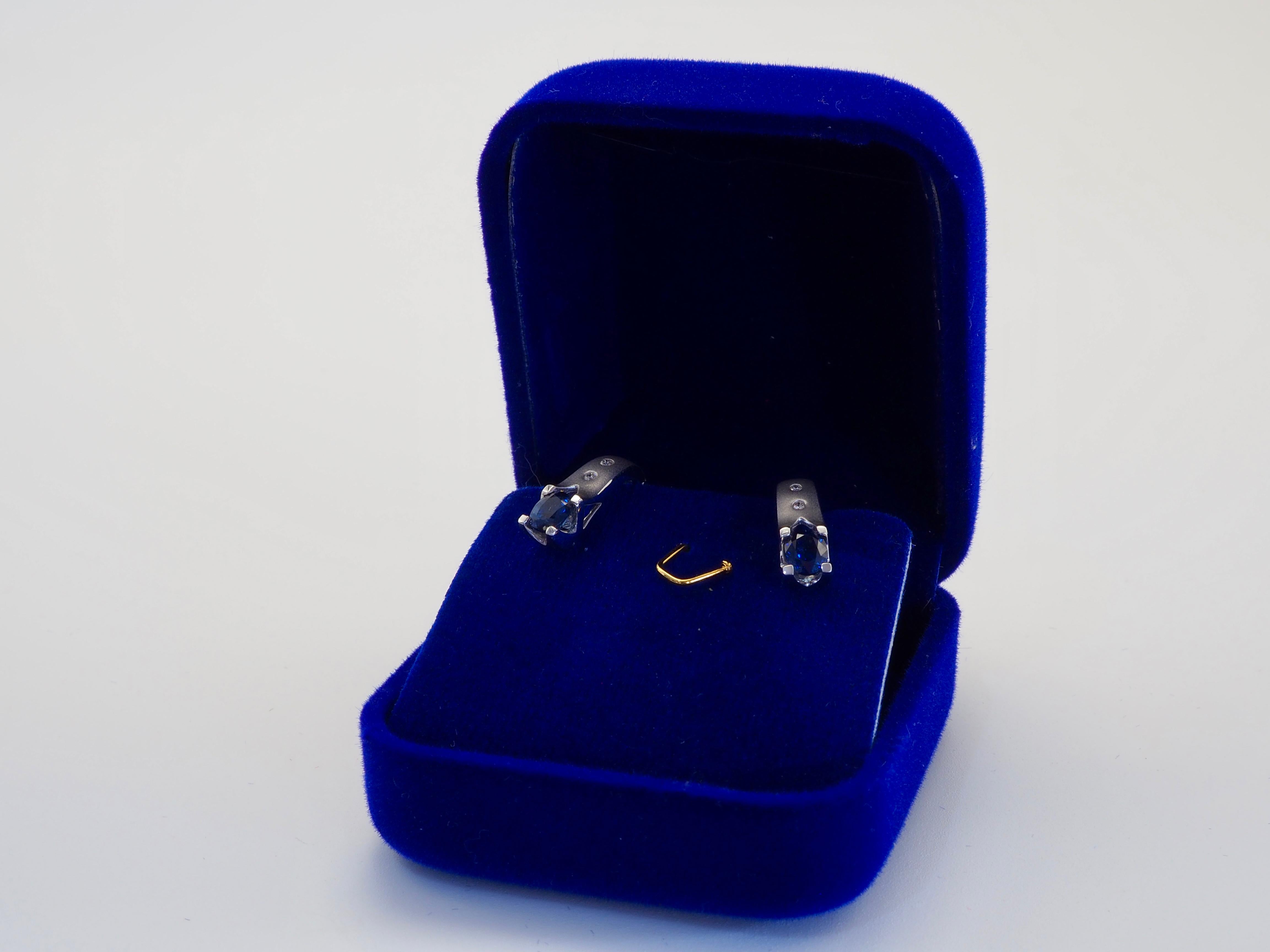 18K White Gold Matted 1.06 Carat Blue Sapphire & 0.05 Carat Diamond Earrings For Sale 2