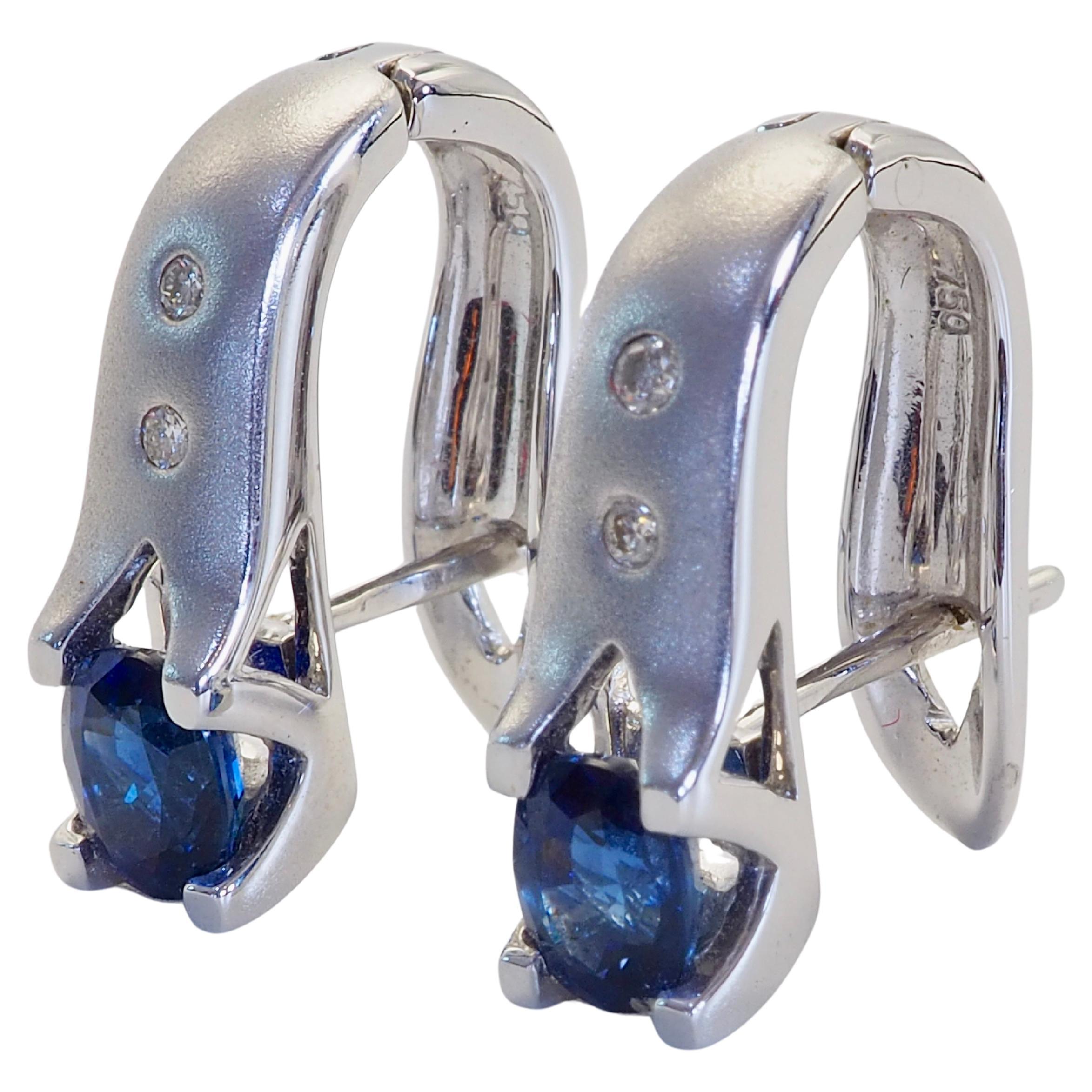 18K White Gold Matted 1.06 Carat Blue Sapphire & 0.05 Carat Diamond Earrings