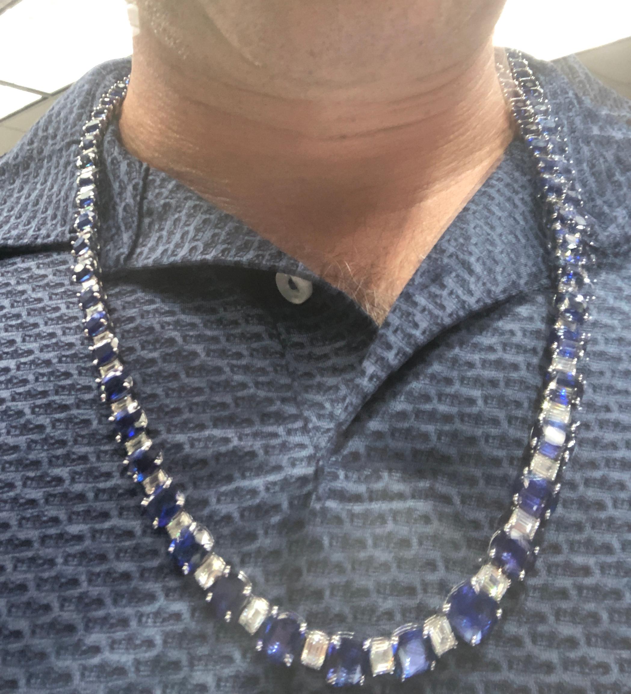 18k White Gold Men's Sapphire Emerald Cut Diamond Necklace In New Condition For Sale In New York, NY