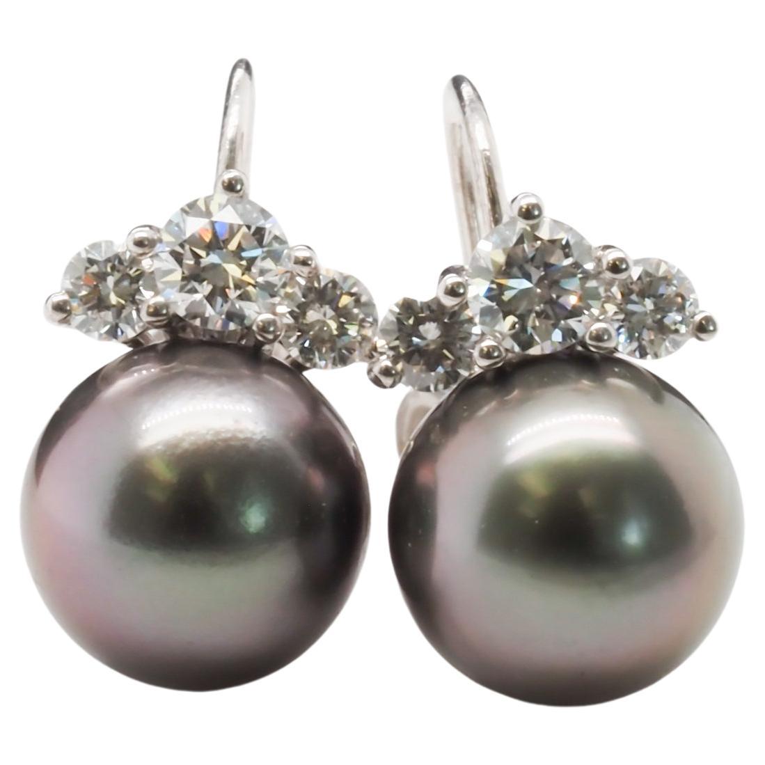 18k White Gold “Mikimoto” Tahitian Pearl & Diamond Earrings For Sale