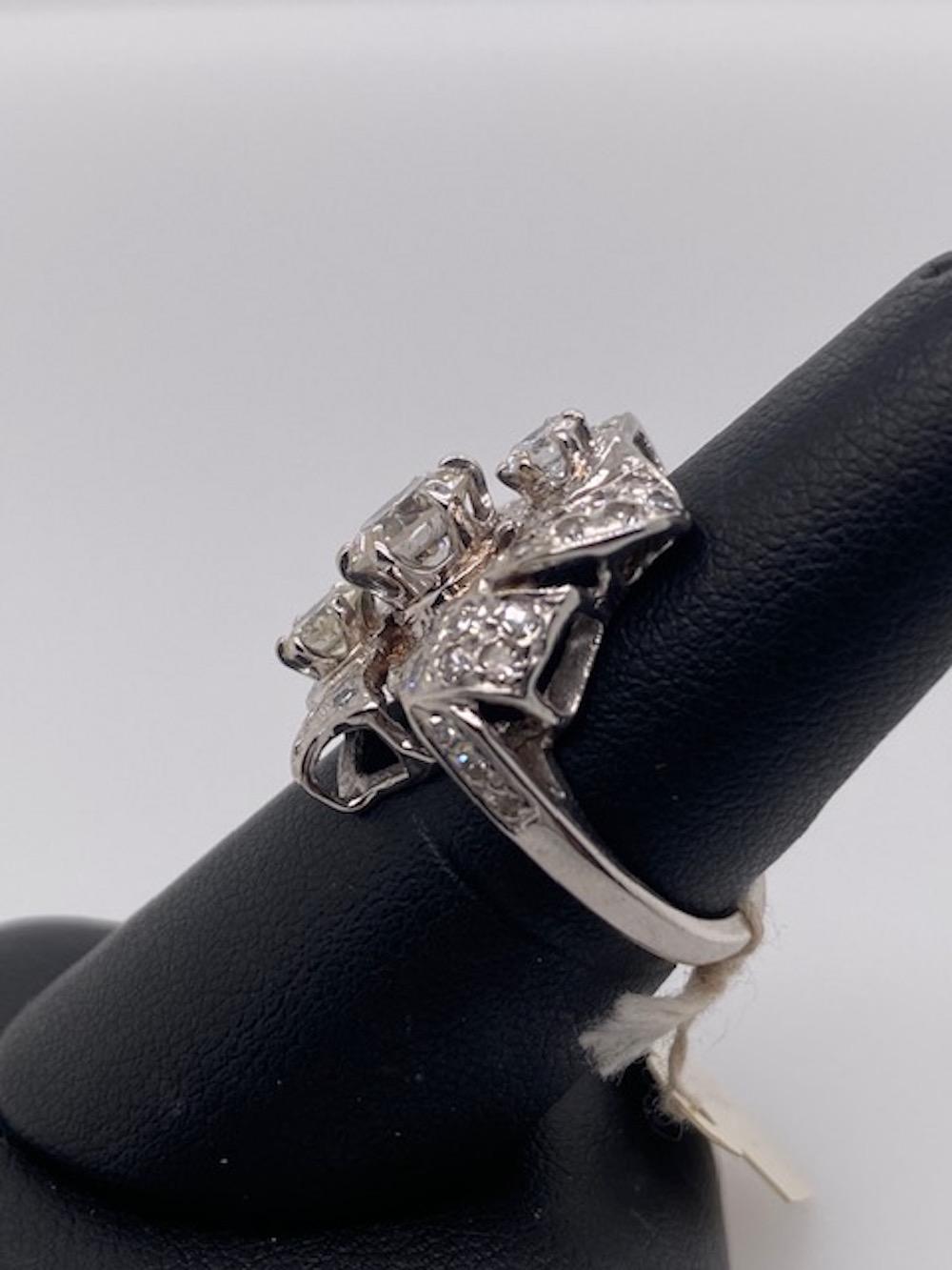 Art Deco 18k White Gold Mine Cut Diamond Antique Flower Ring