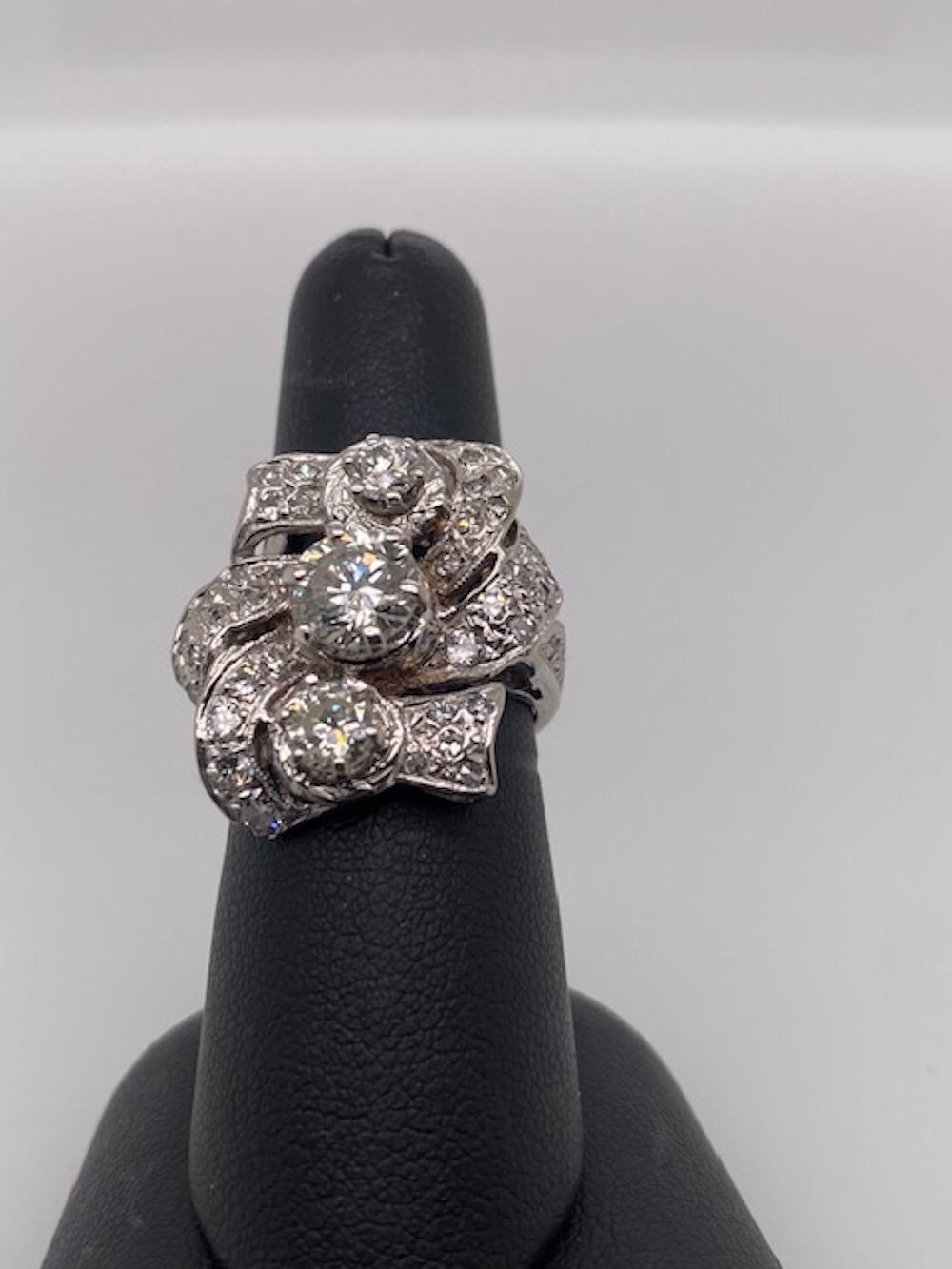 Brilliant Cut 18k White Gold Mine Cut Diamond Antique Flower Ring
