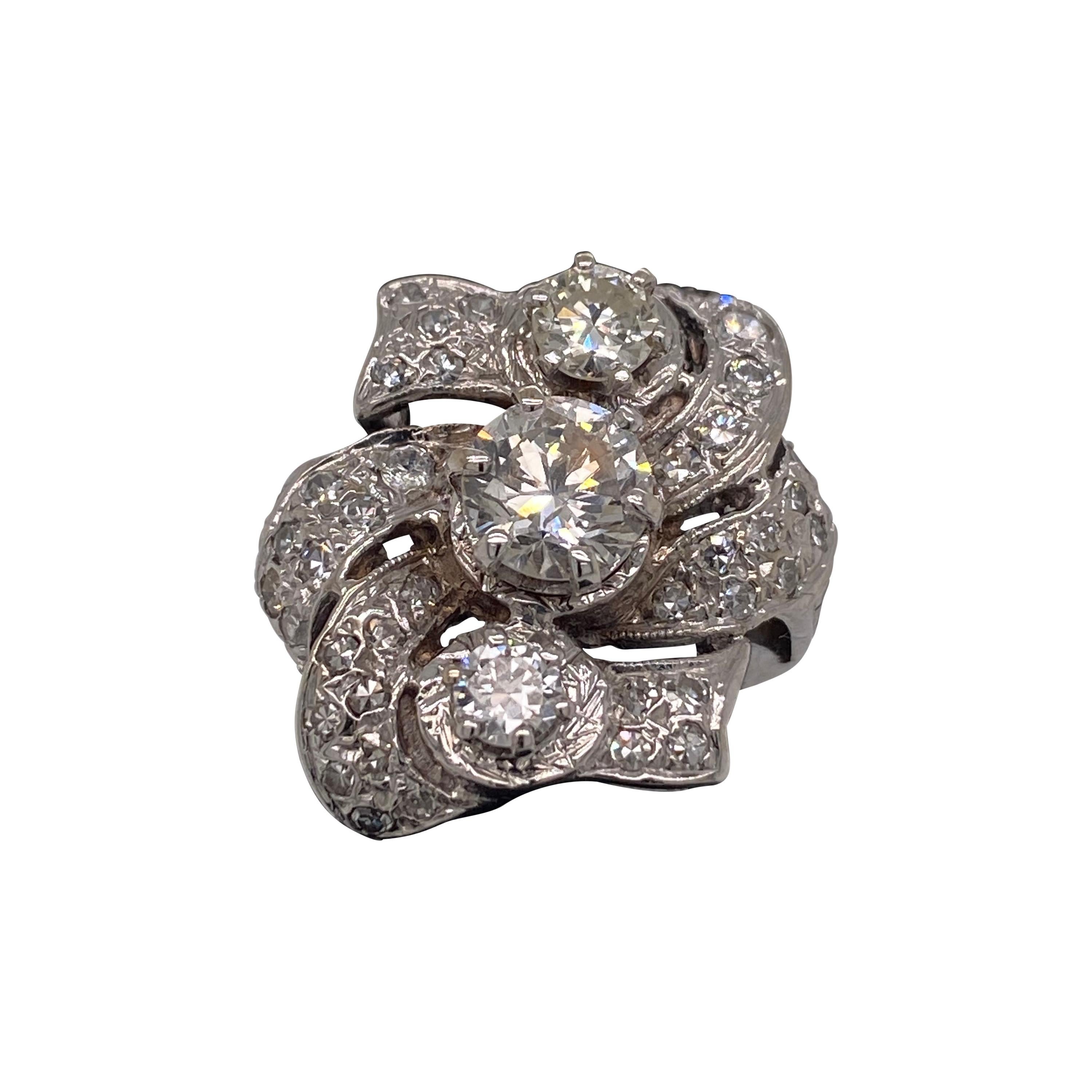 18k White Gold Mine Cut Diamond Antique Flower Ring