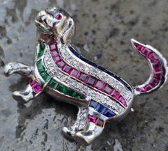 18k White Gold Mini Dachshund 3D Dog Brooch Pin Ruby Sapphire Emerald Diamond 8g