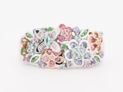 18K White Gold Mixed Colorful Gemstone Brocade Ring Diamond Sapphire Tanzanite