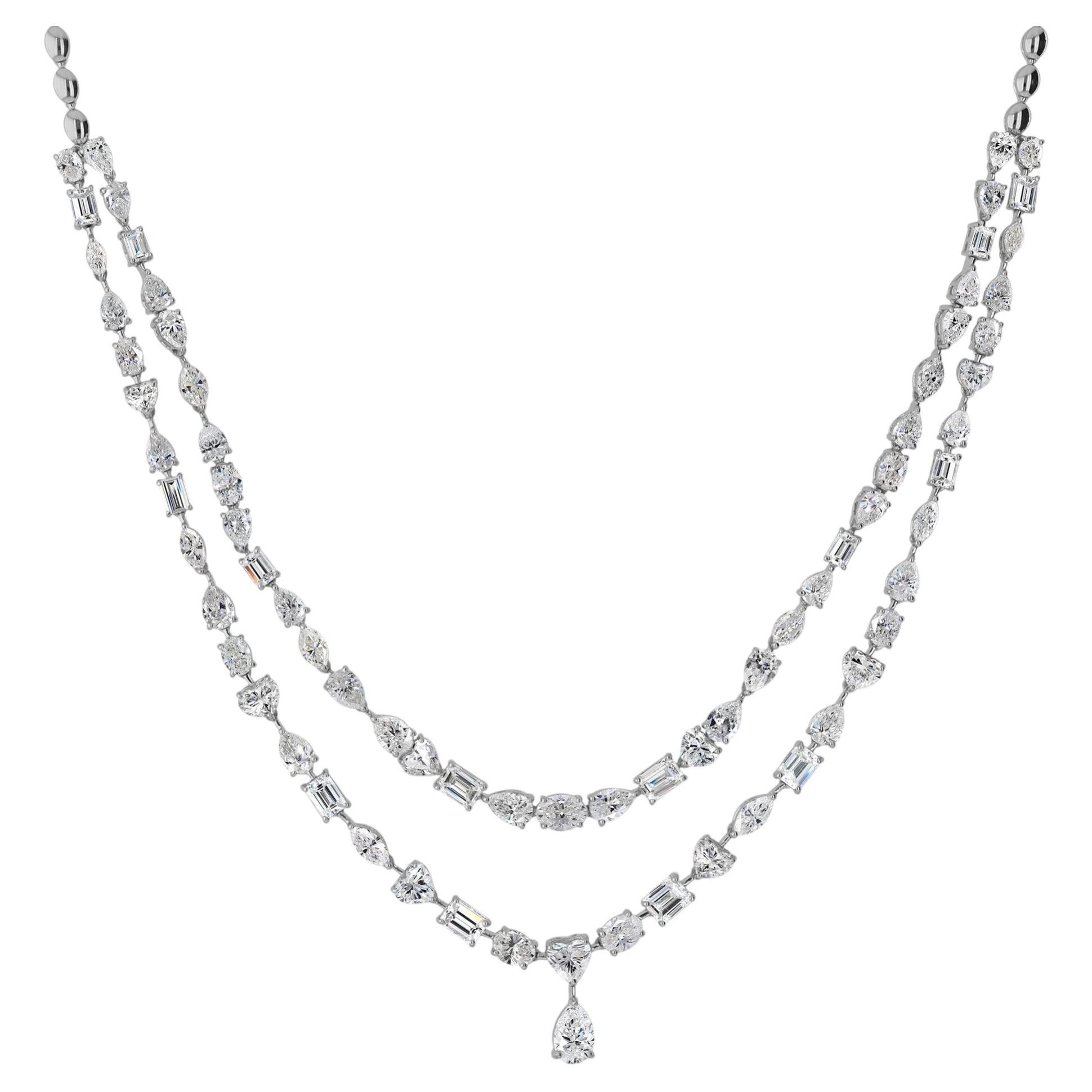 18K White Gold Mixed Shape Diamond Statement Necklace 21.43 Carats