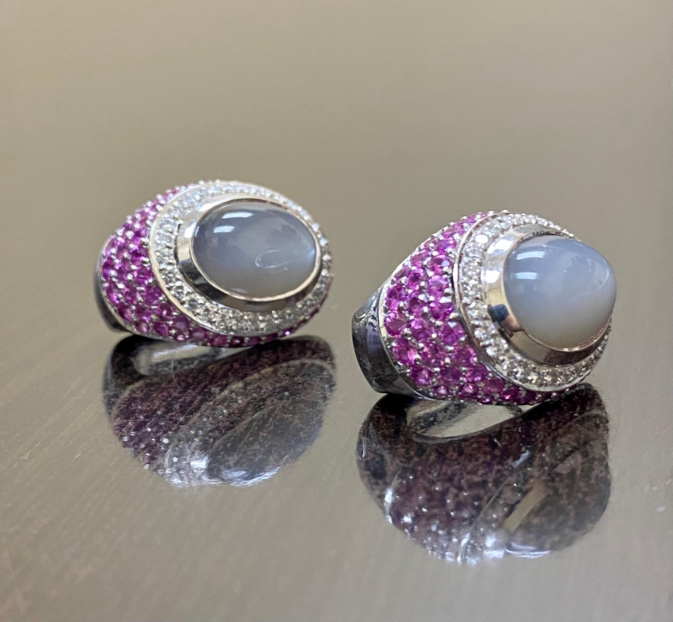 18K White Gold Modern Diamond and Pink Sapphires Oval Moonstone Earrings For Sale 2