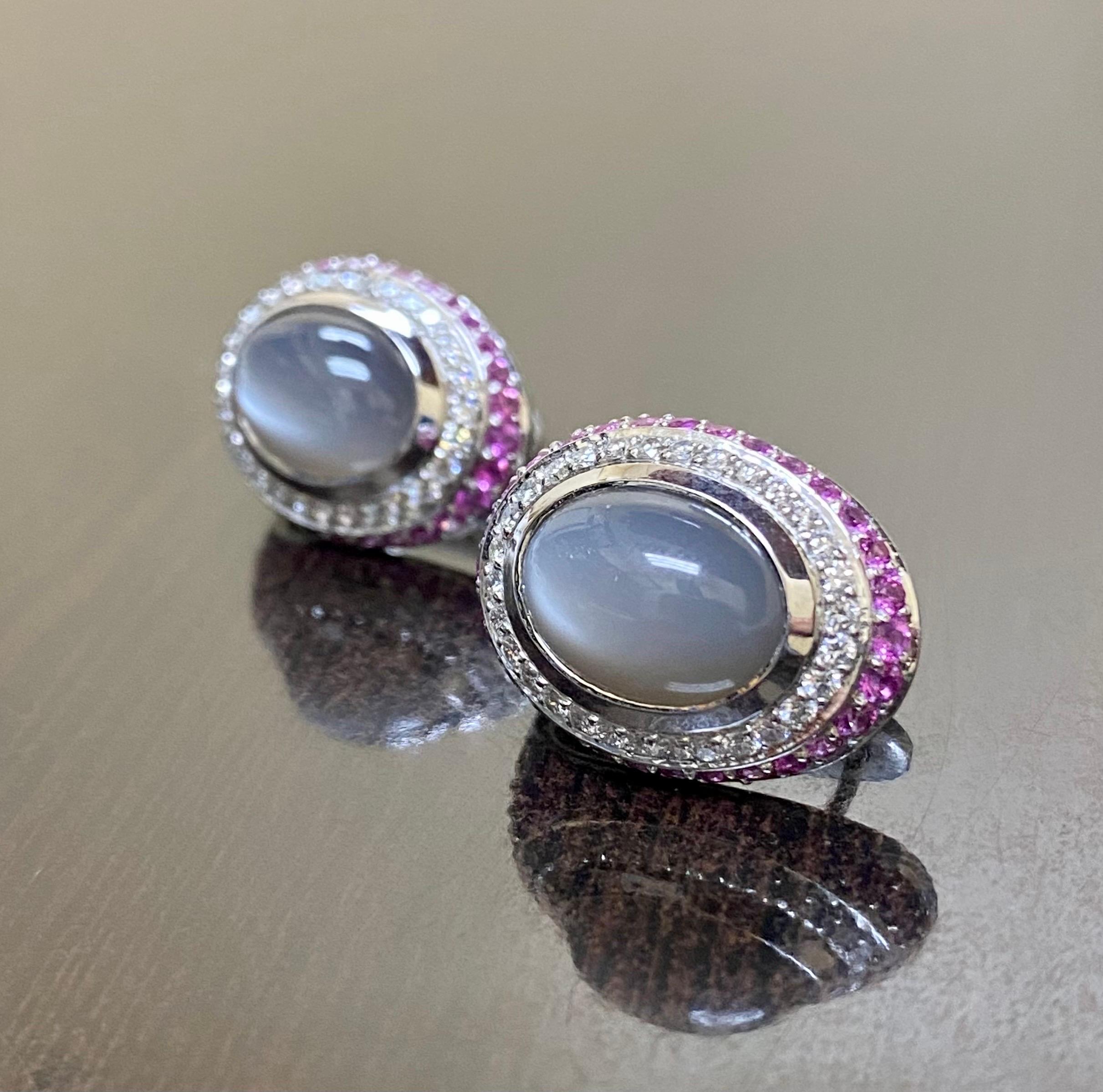 18K White Gold Modern Diamond and Pink Sapphires Oval Moonstone Earrings For Sale 3
