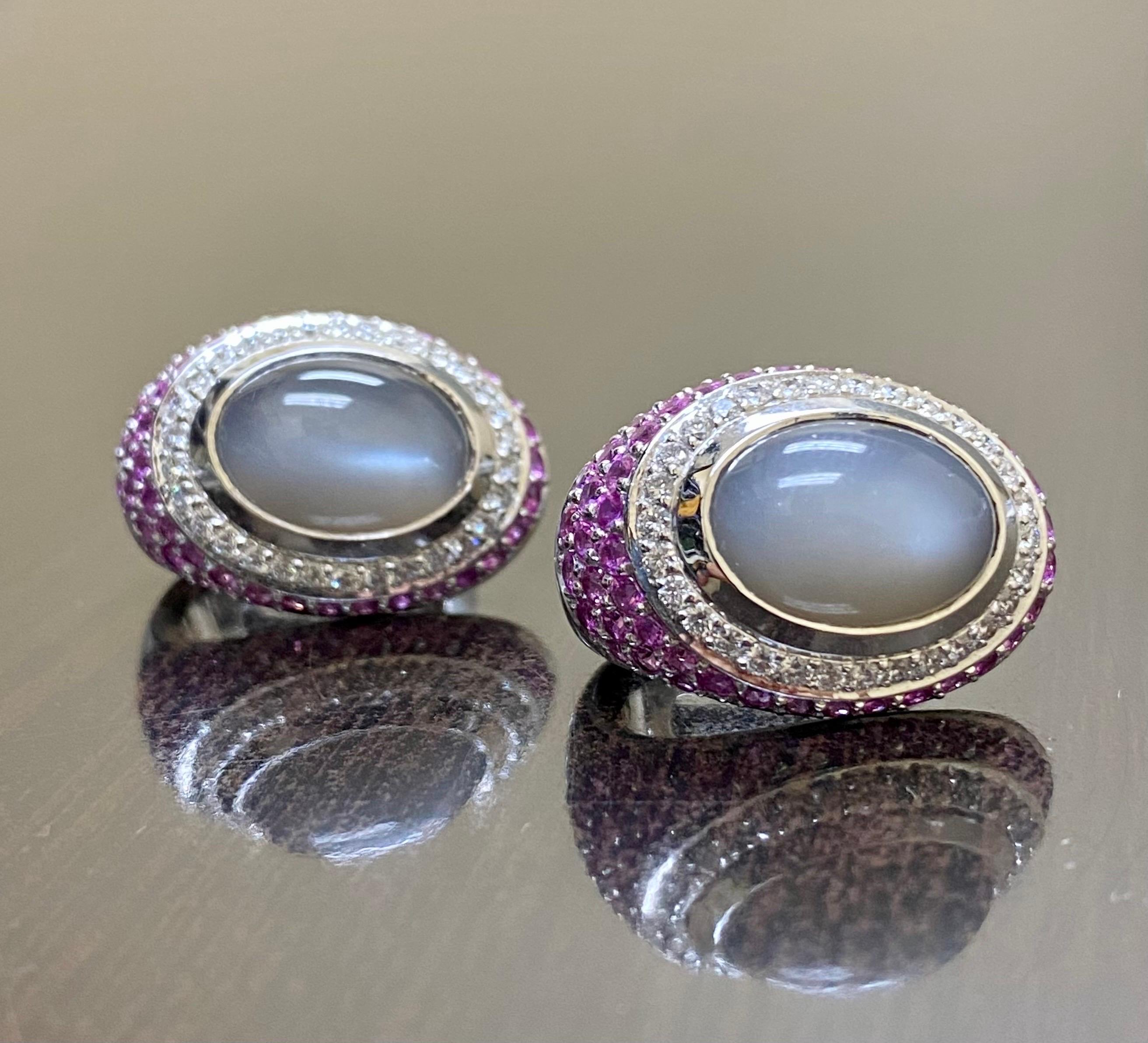 18K White Gold Modern Diamond and Pink Sapphires Oval Moonstone Earrings For Sale 4
