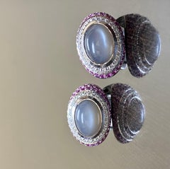 18K White Gold Modern Diamond and Pink Sapphires Oval Moonstone Earrings
