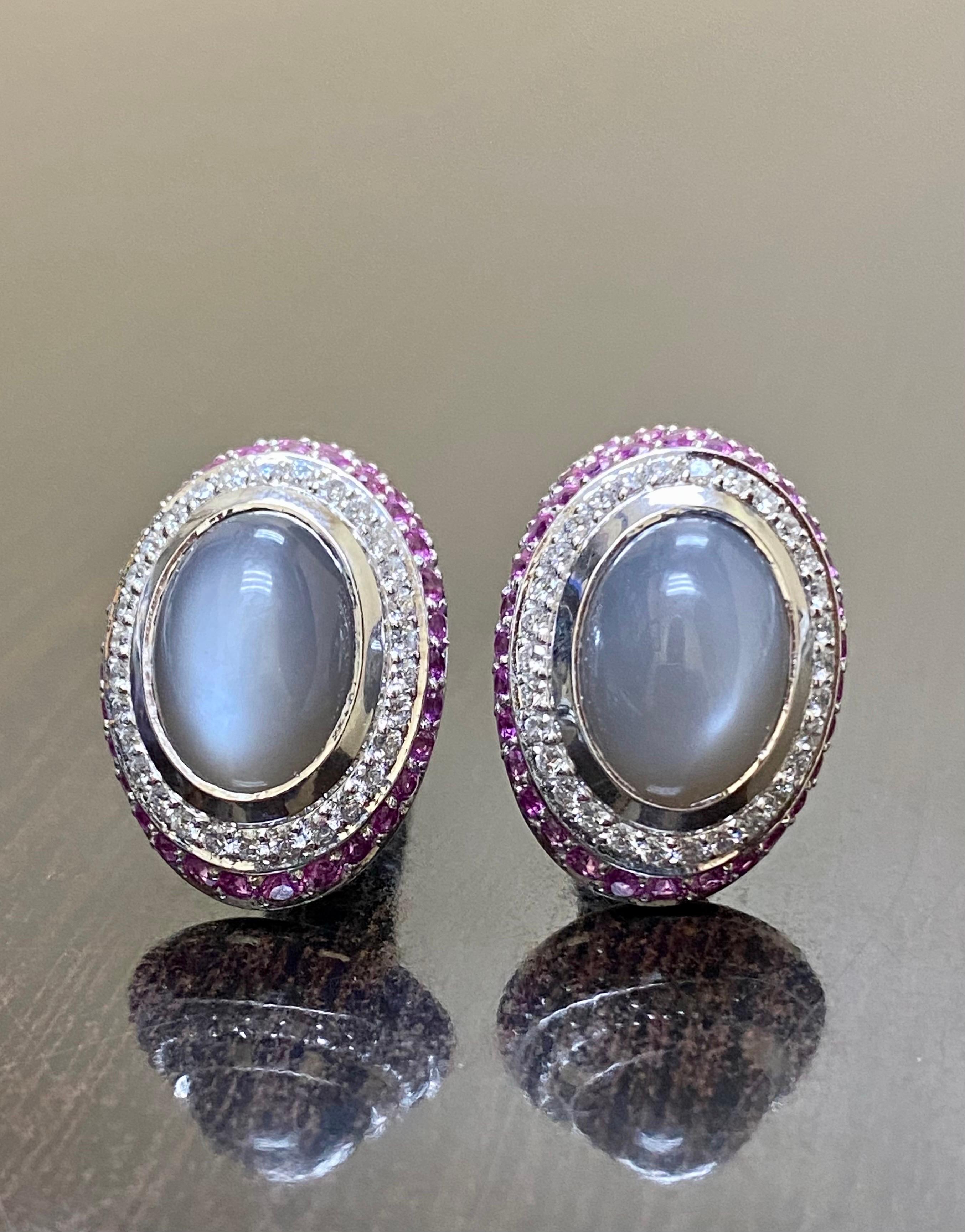 18K White Gold Modern Diamond and Pink Sapphires Oval Moonstone Earrings In New Condition For Sale In Los Angeles, CA