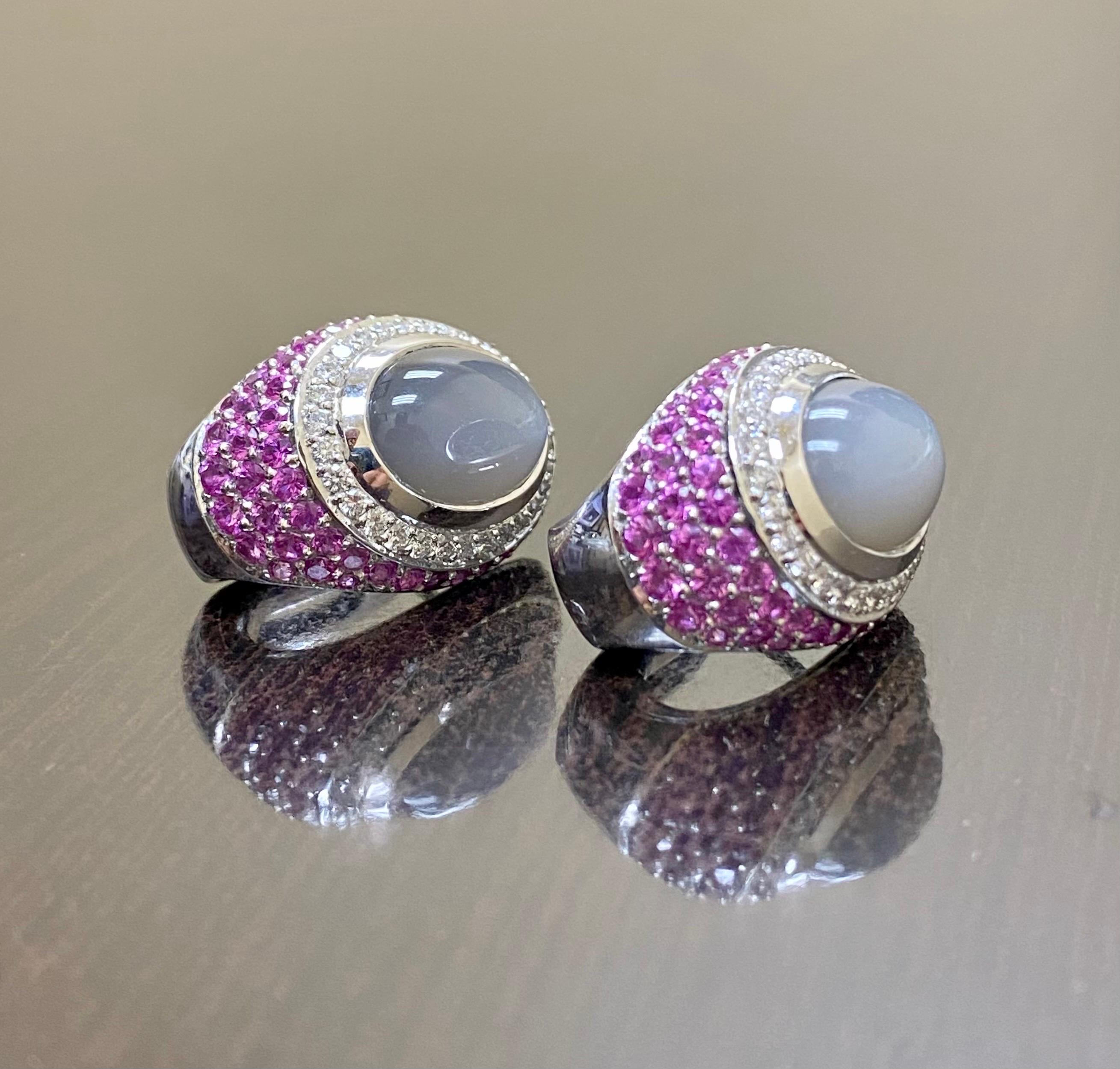 Women's 18K White Gold Modern Diamond and Pink Sapphires Oval Moonstone Earrings For Sale