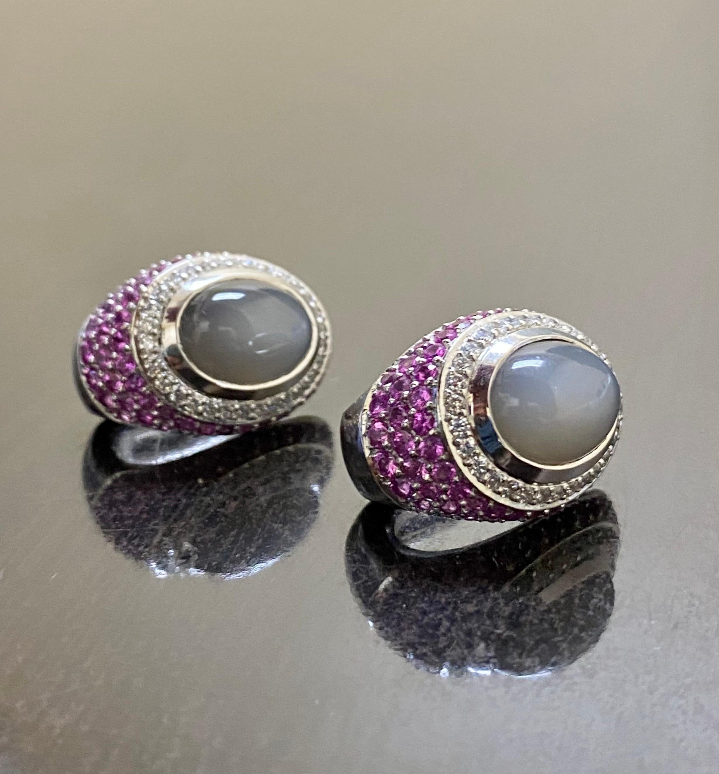 18K White Gold Modern Diamond and Pink Sapphires Oval Moonstone Earrings For Sale 1