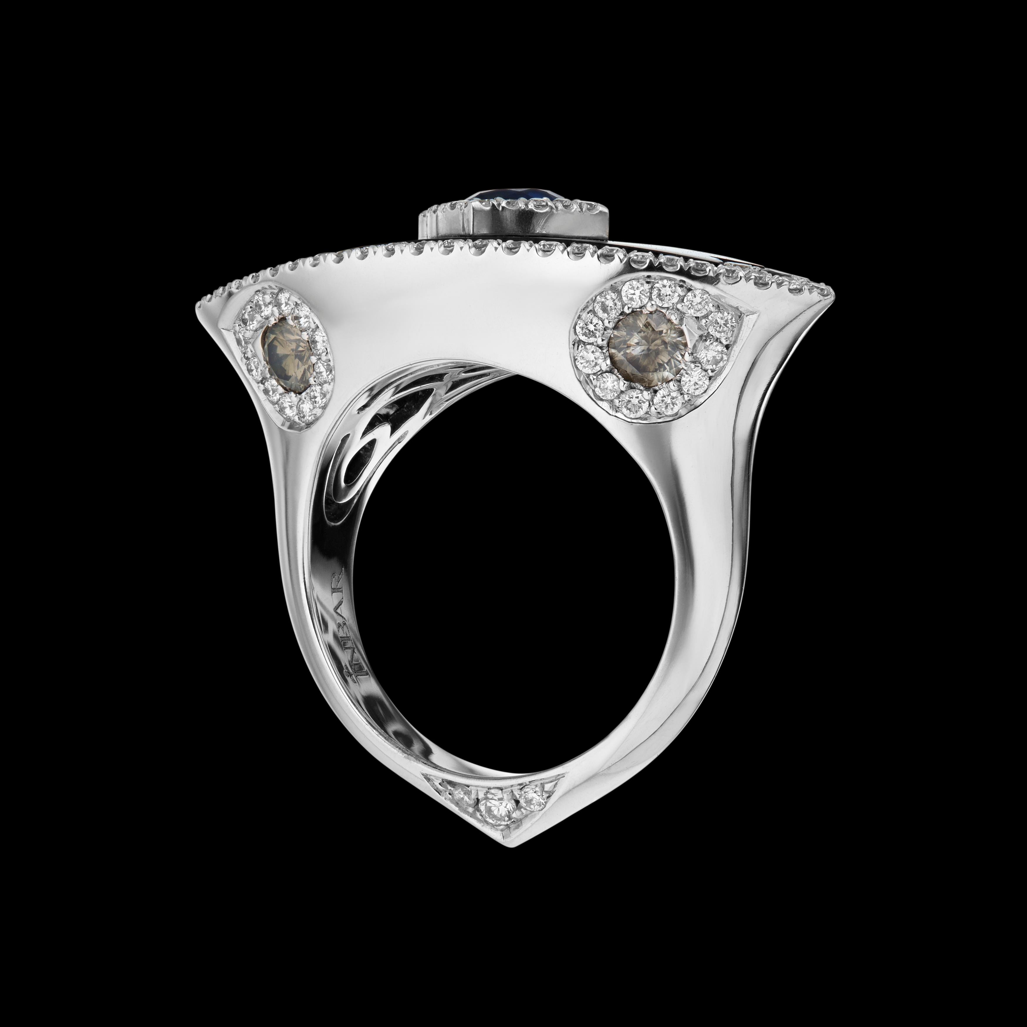 Modern 18K White Gold Mother-of-Pearl Diamond and Sapphire Cocktail Ring For Sale