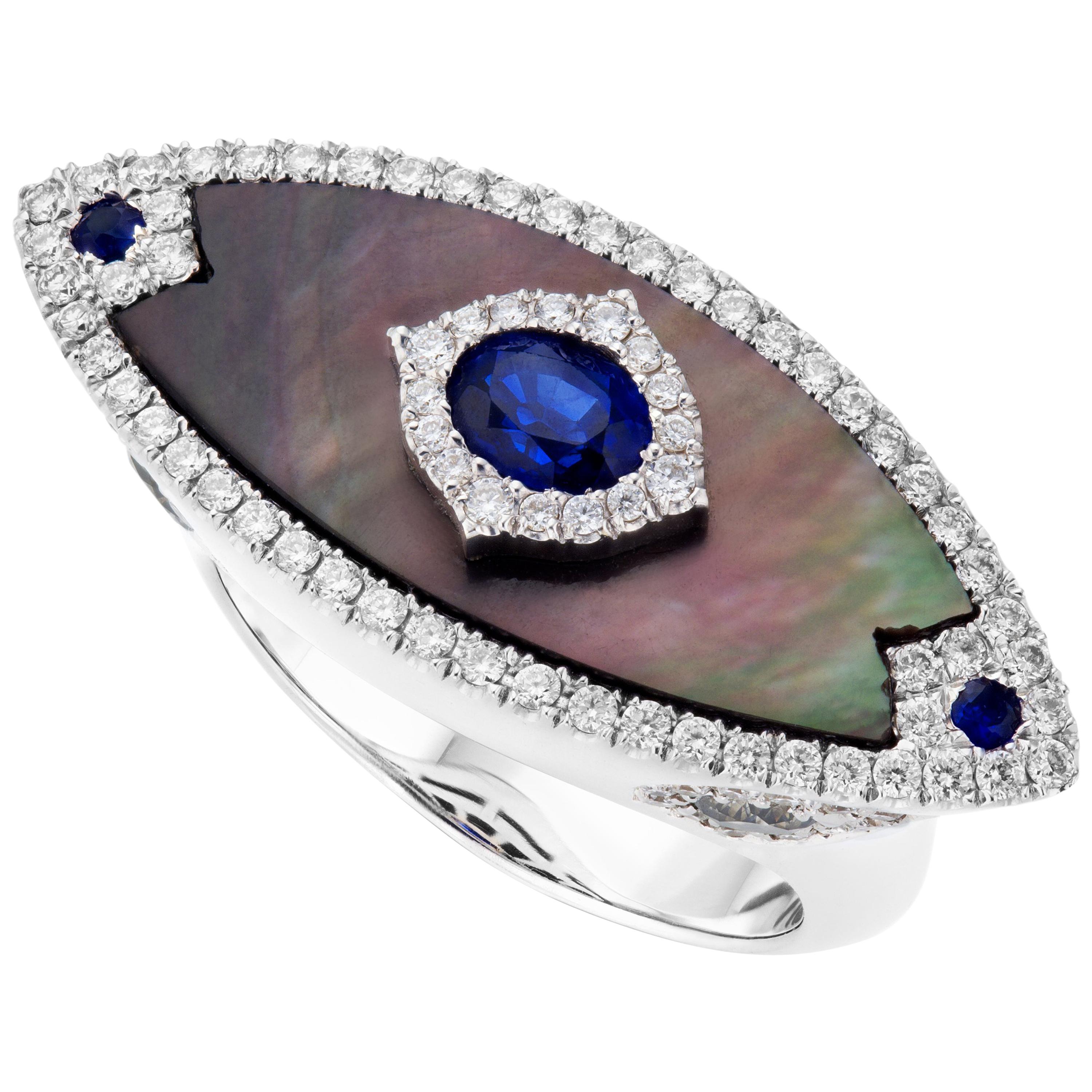 18K White Gold Mother-of-Pearl Diamond and Sapphire Cocktail Ring For Sale