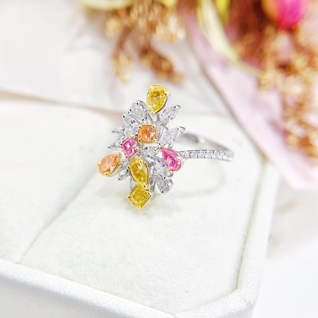 Pear Cut 18K White Gold Multi-Color Diamond Ring For Sale