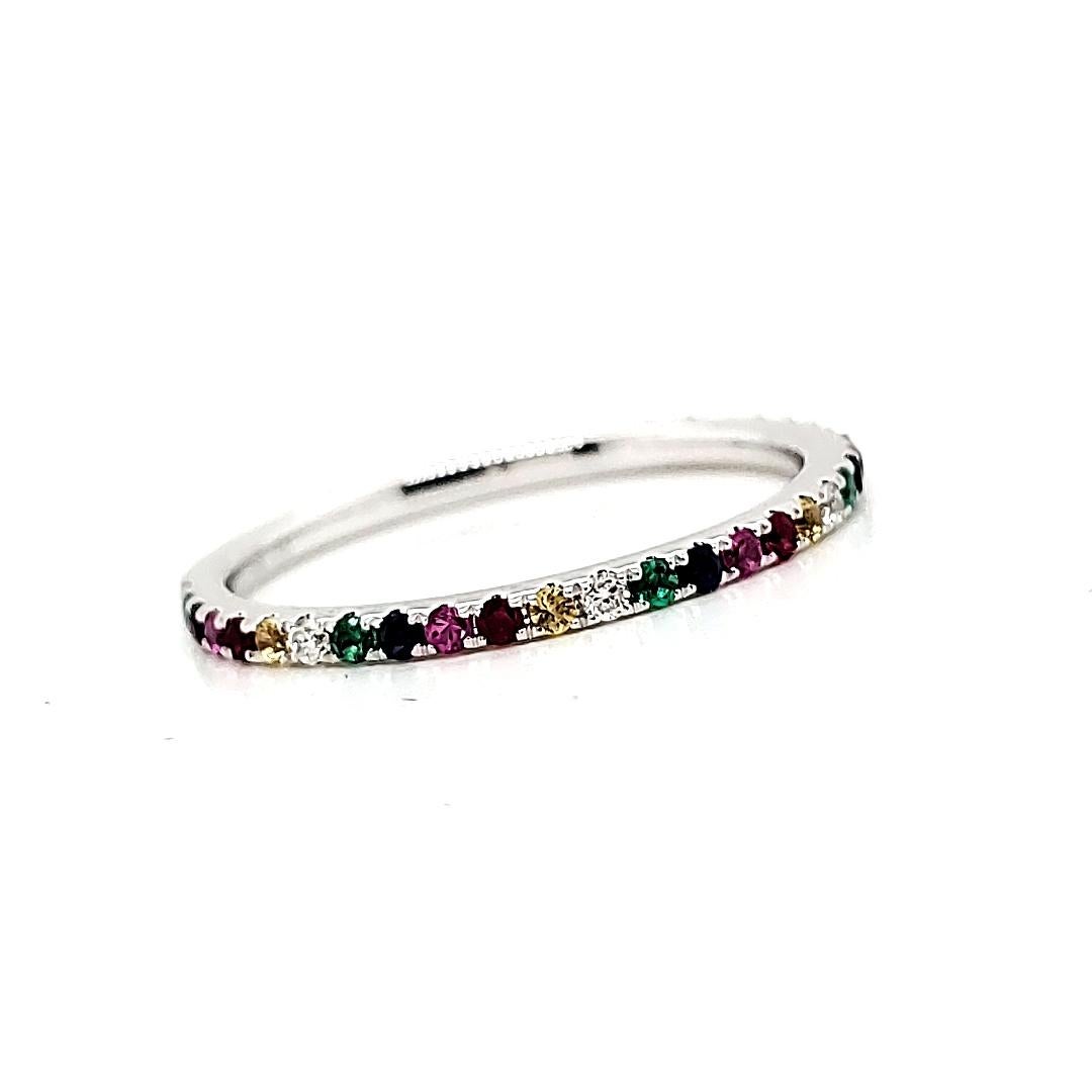 Round Cut 18k White Gold Multi-Color Gemstones Cts 0.34 and Round Diamond Engagement Ring For Sale