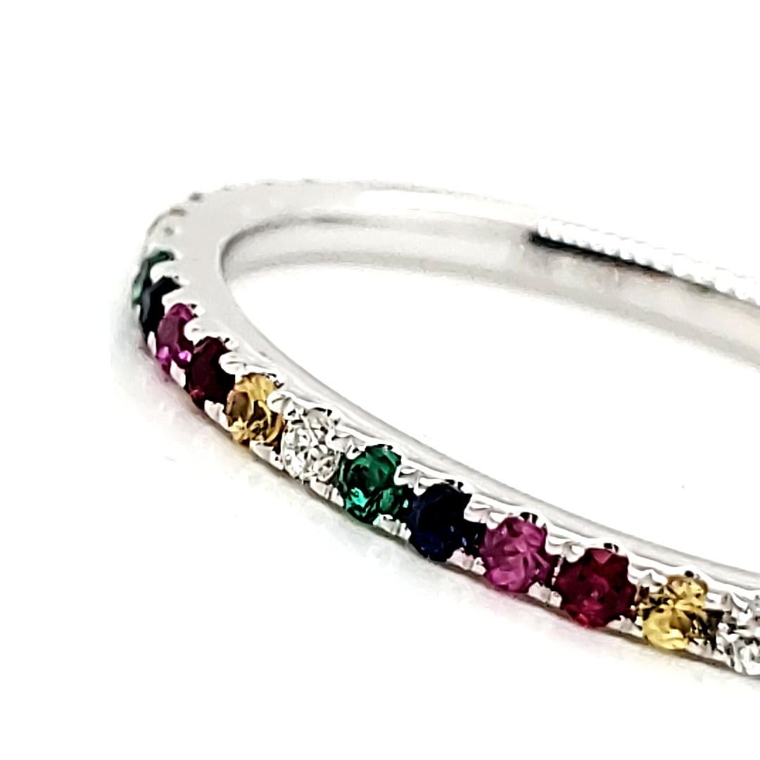 Women's 18k White Gold Multi-Color Gemstones Cts 0.34 and Round Diamond Engagement Ring For Sale