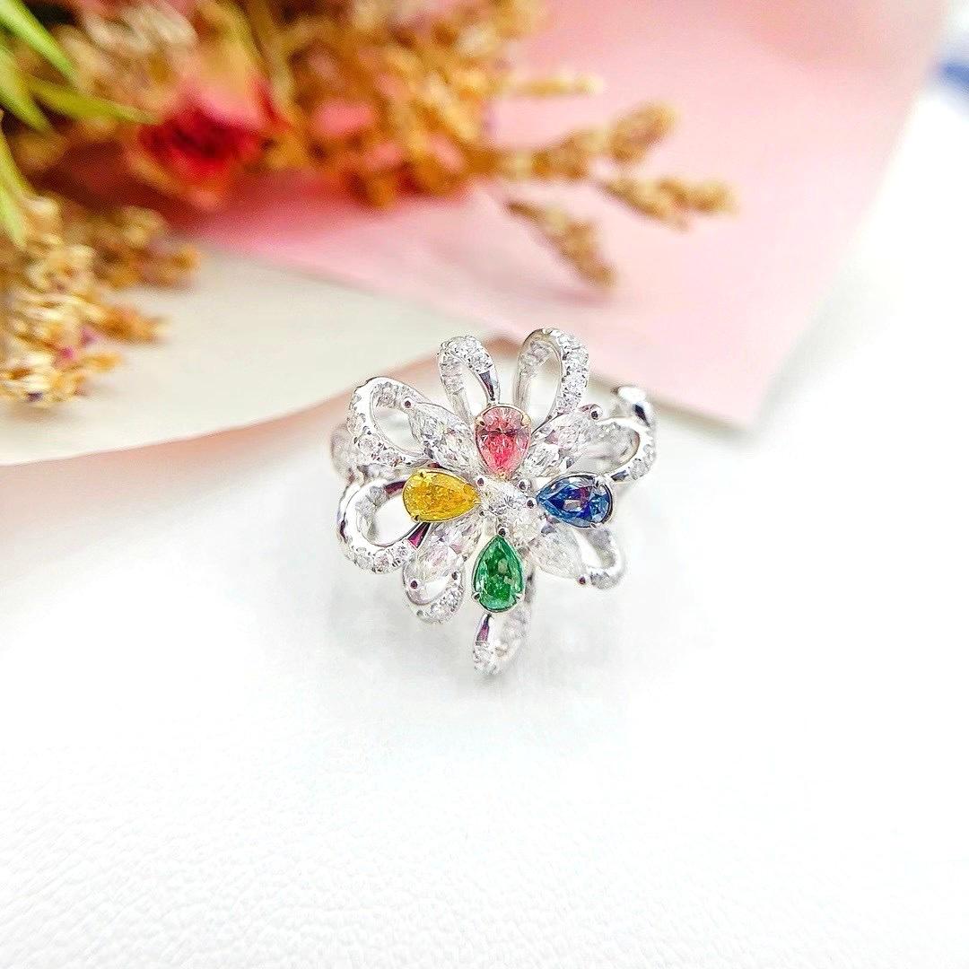 Women's or Men's 18K White Gold Multi-Color Pear Cut Diamond Ring/Pendant For Sale