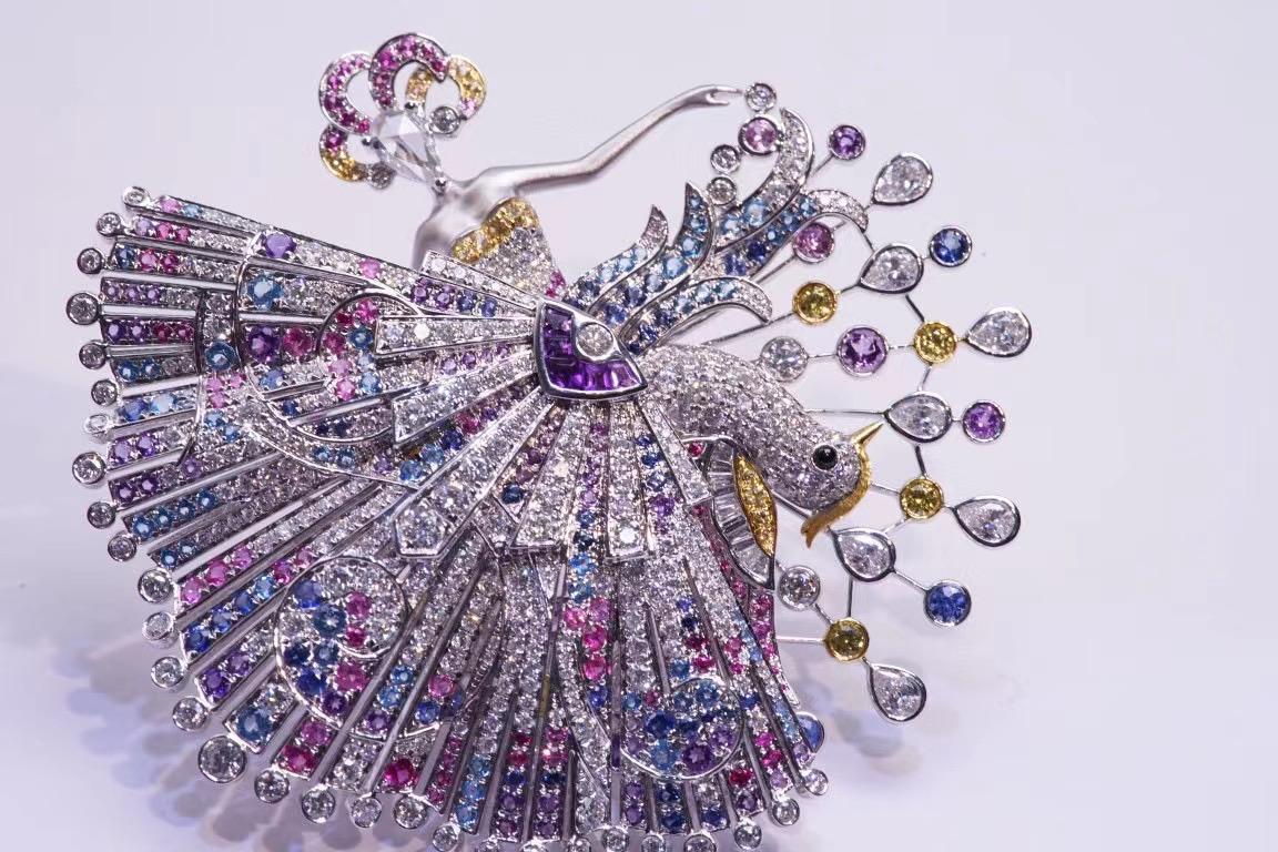 Women's or Men's 18K White Gold Multi-Color Sapphire & Diamond ' Mystery ‘ Brooch For Sale