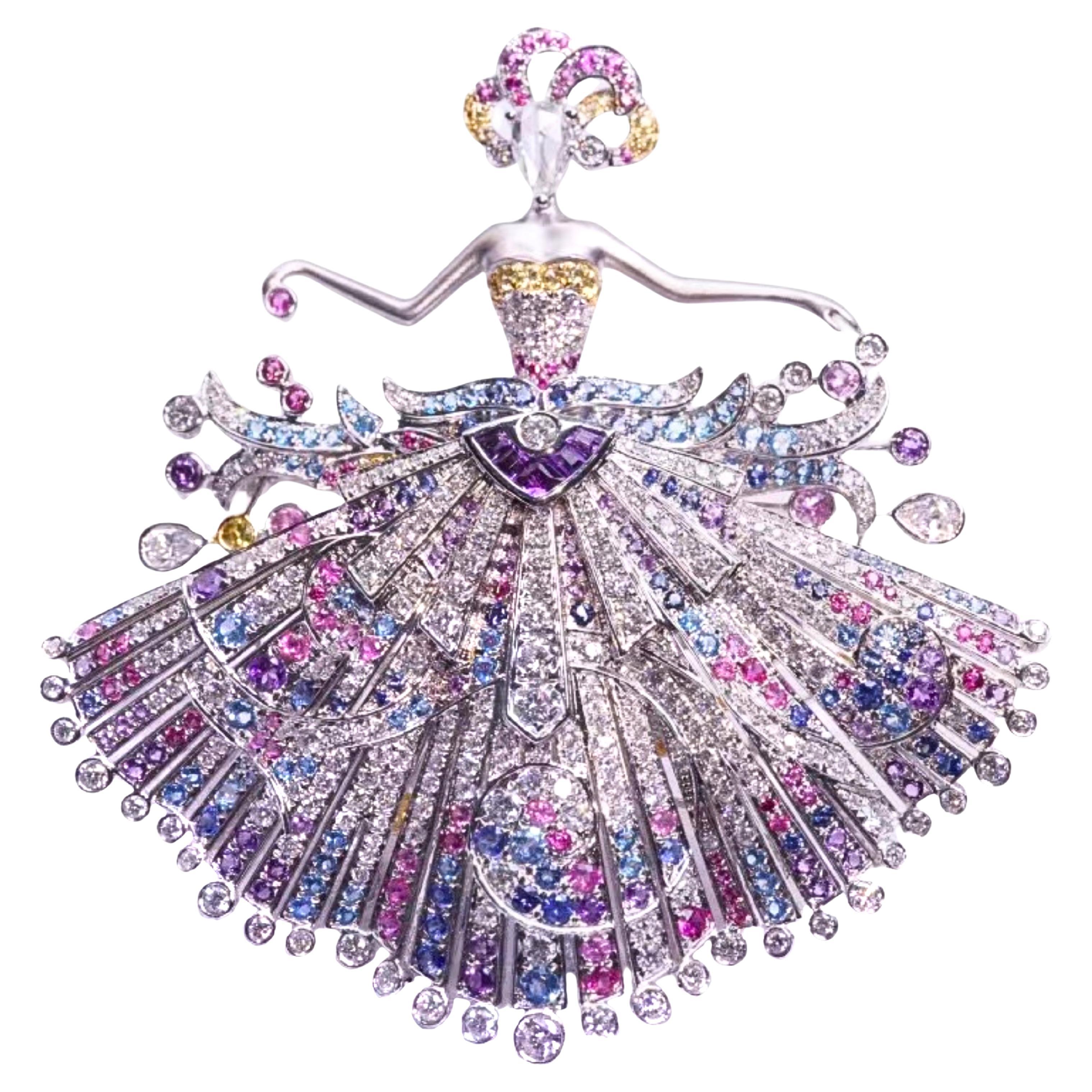 18K White Gold Multi-Color Sapphire & Diamond ' Mystery ‘ Brooch