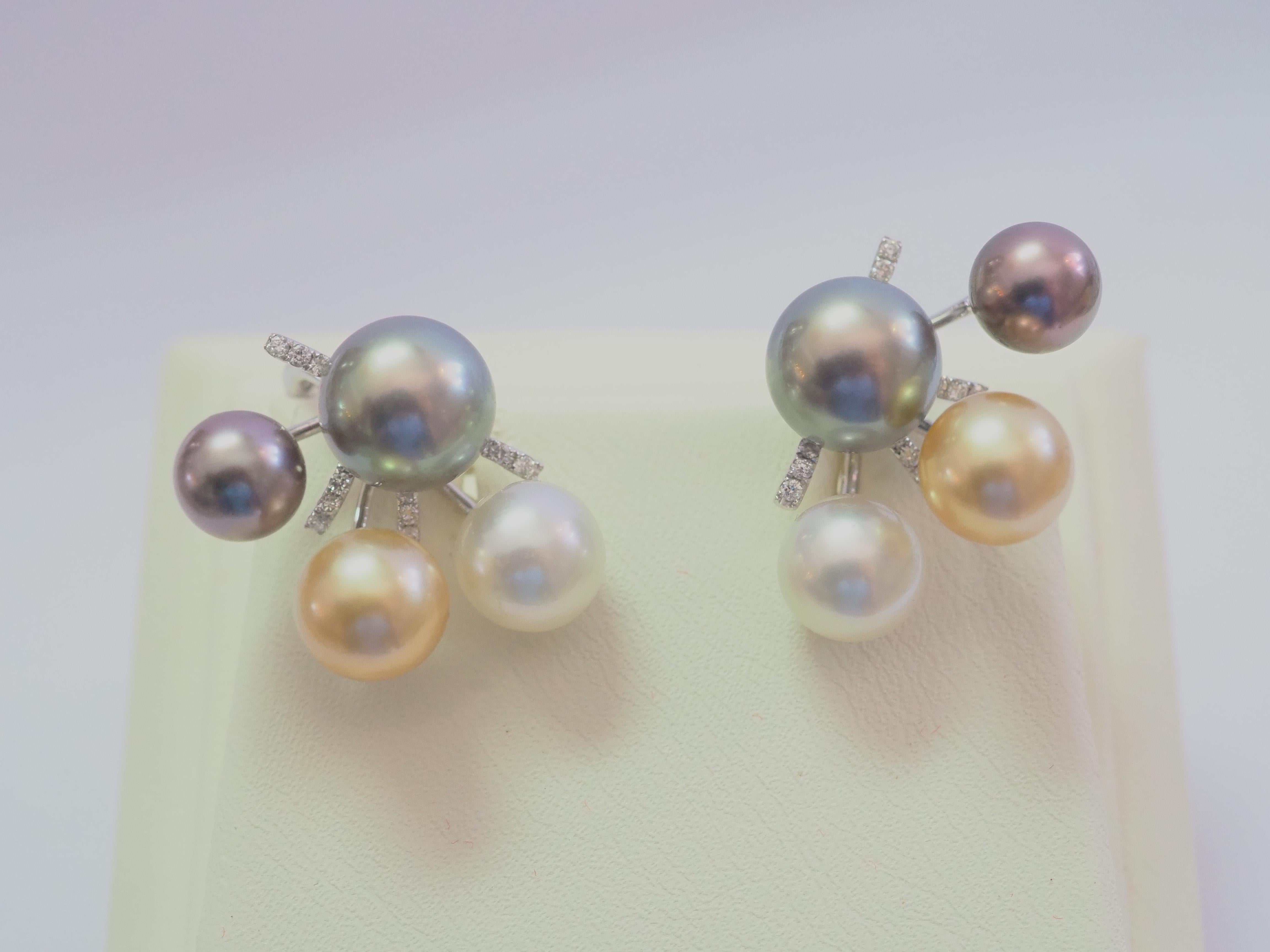 Awesome piece of jewelry and stunning in every way. This magnificent and creative latch- back earring uses varieties of colors of pearls very nicely. The metal work is also elegant with curves. The sea pearls range from brown, golden, black and