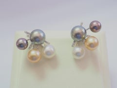 18K White Gold Multi-Color Sea Pearl & 0.19ct Diamond Earrings