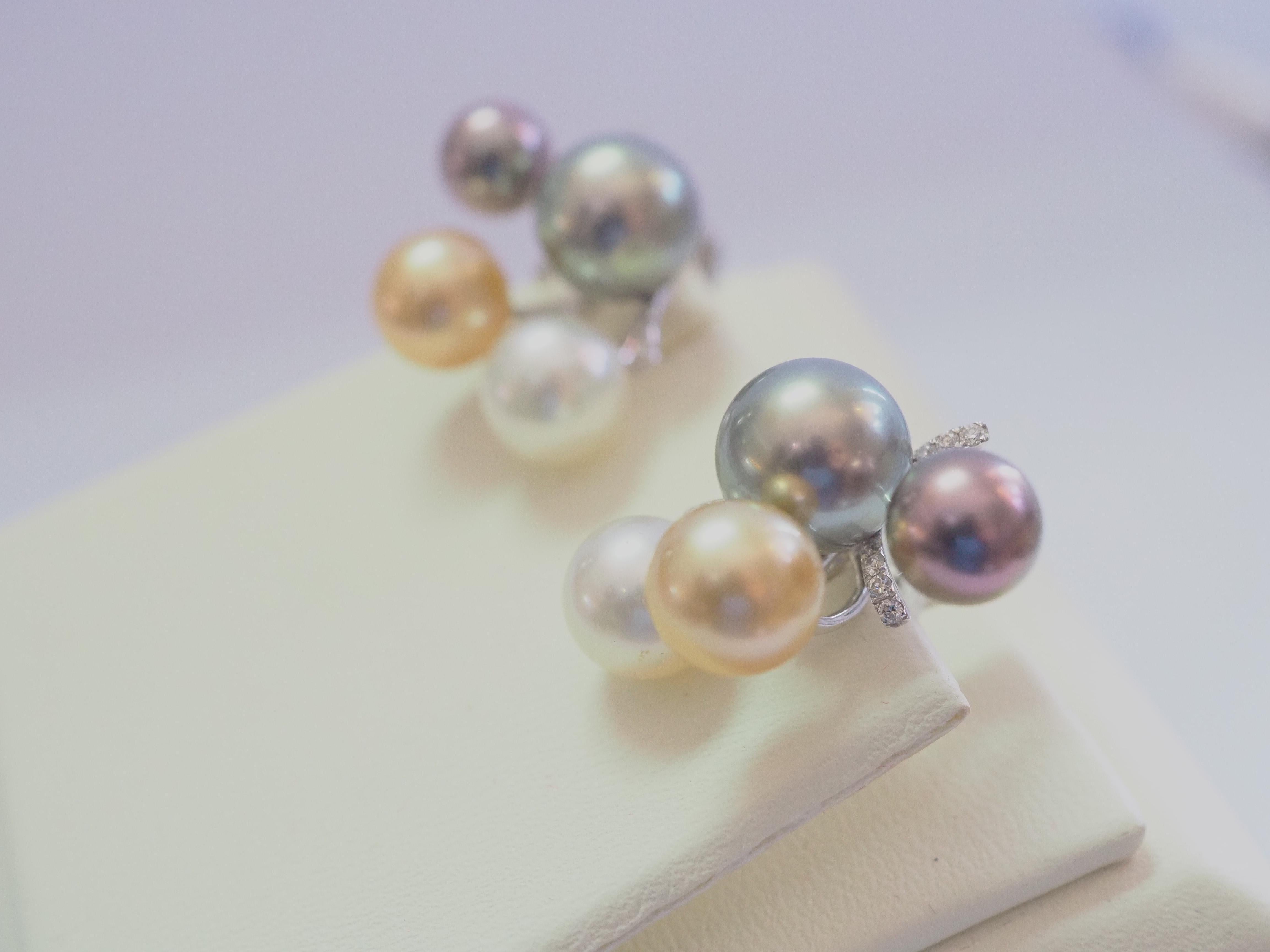 Bead 18K White Gold Multi-Color Sea Pearl & 0.19ct Diamond Earrings For Sale