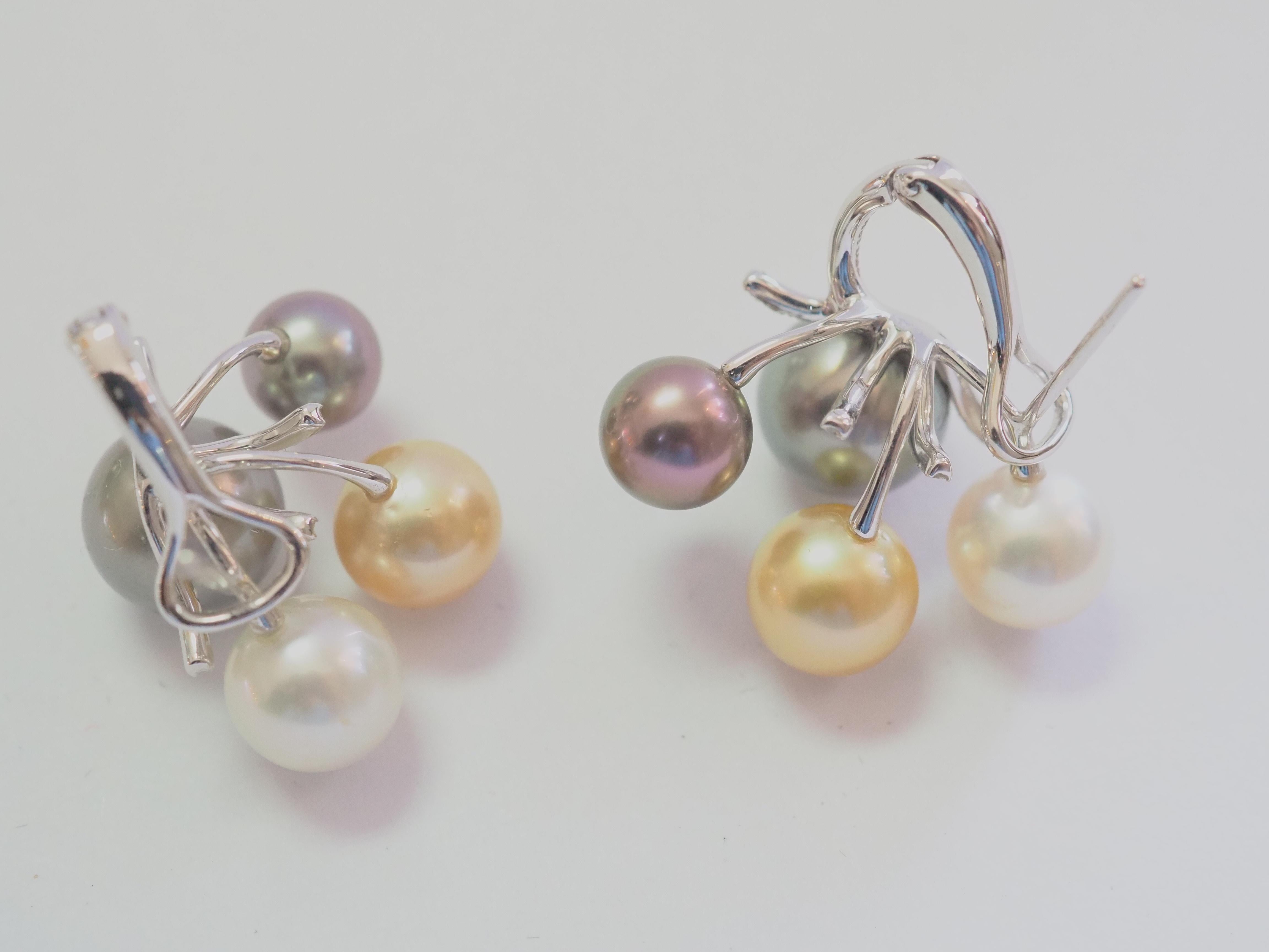 18K White Gold Multi-Color Sea Pearl & 0.19ct Diamond Earrings In New Condition For Sale In เกาะสมุย, TH