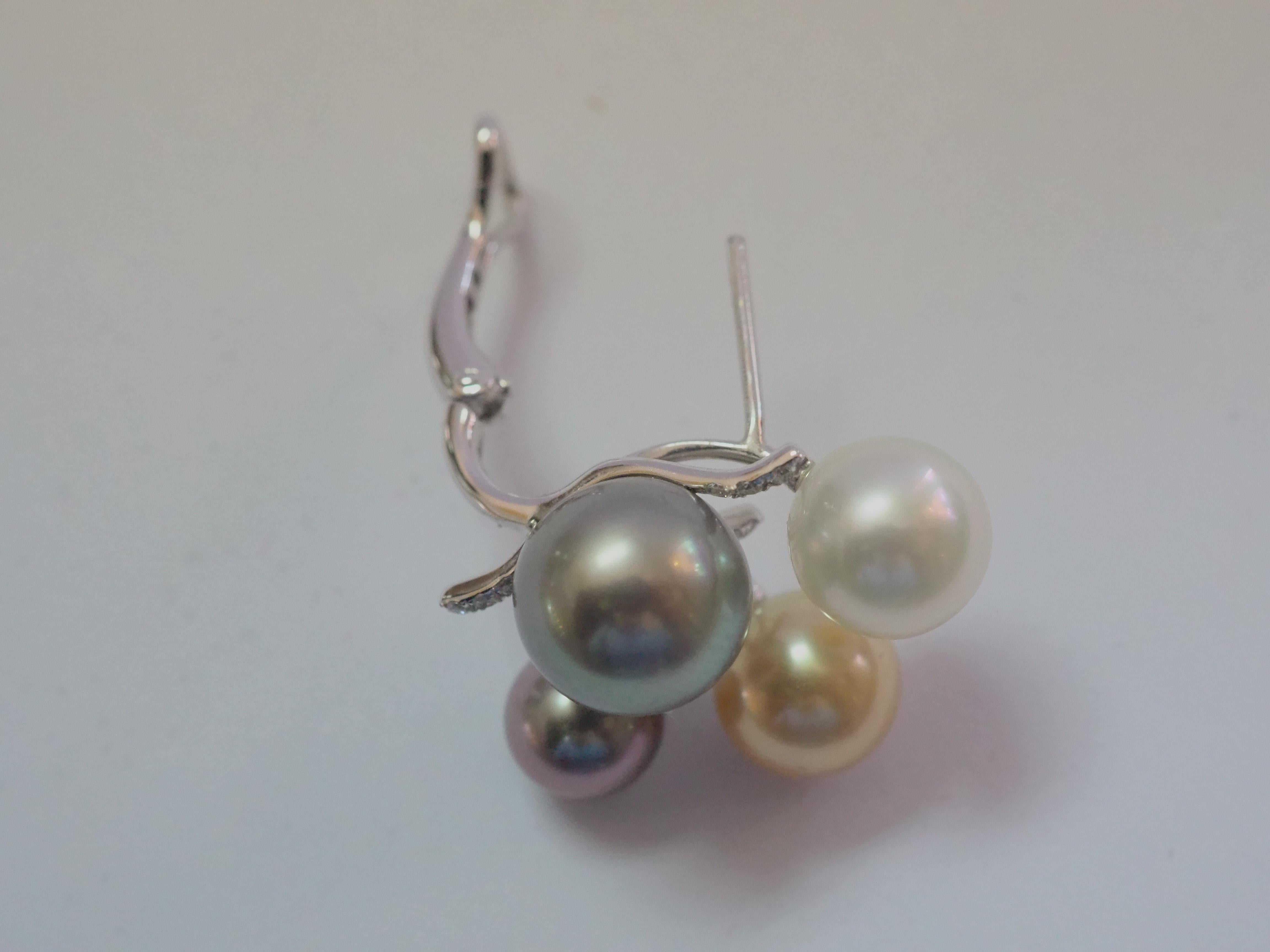 Women's or Men's 18K White Gold Multi-Color Sea Pearl & 0.19ct Diamond Earrings For Sale