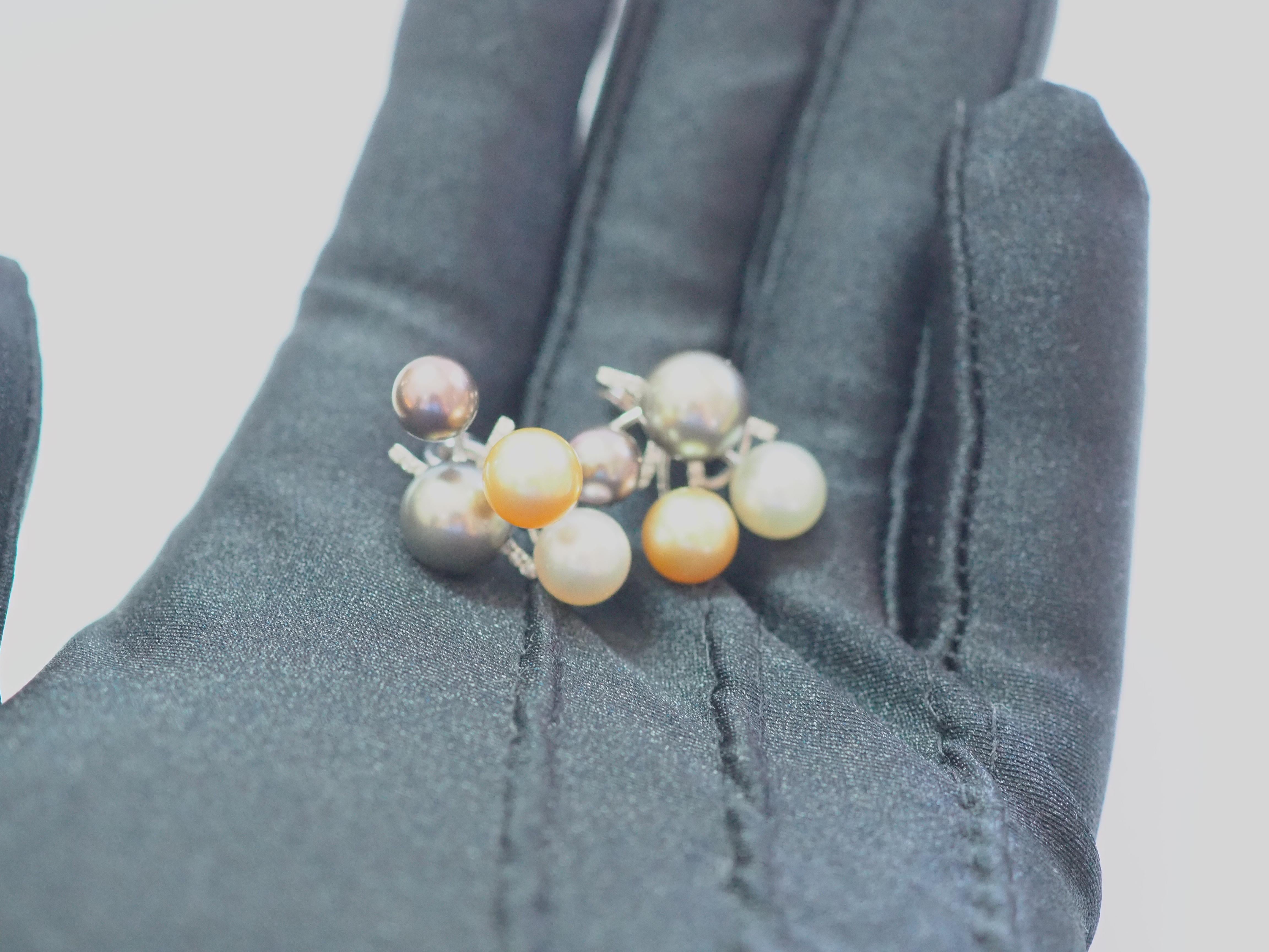 18K White Gold Multi-Color Sea Pearl & 0.19ct Diamond Earrings For Sale 1