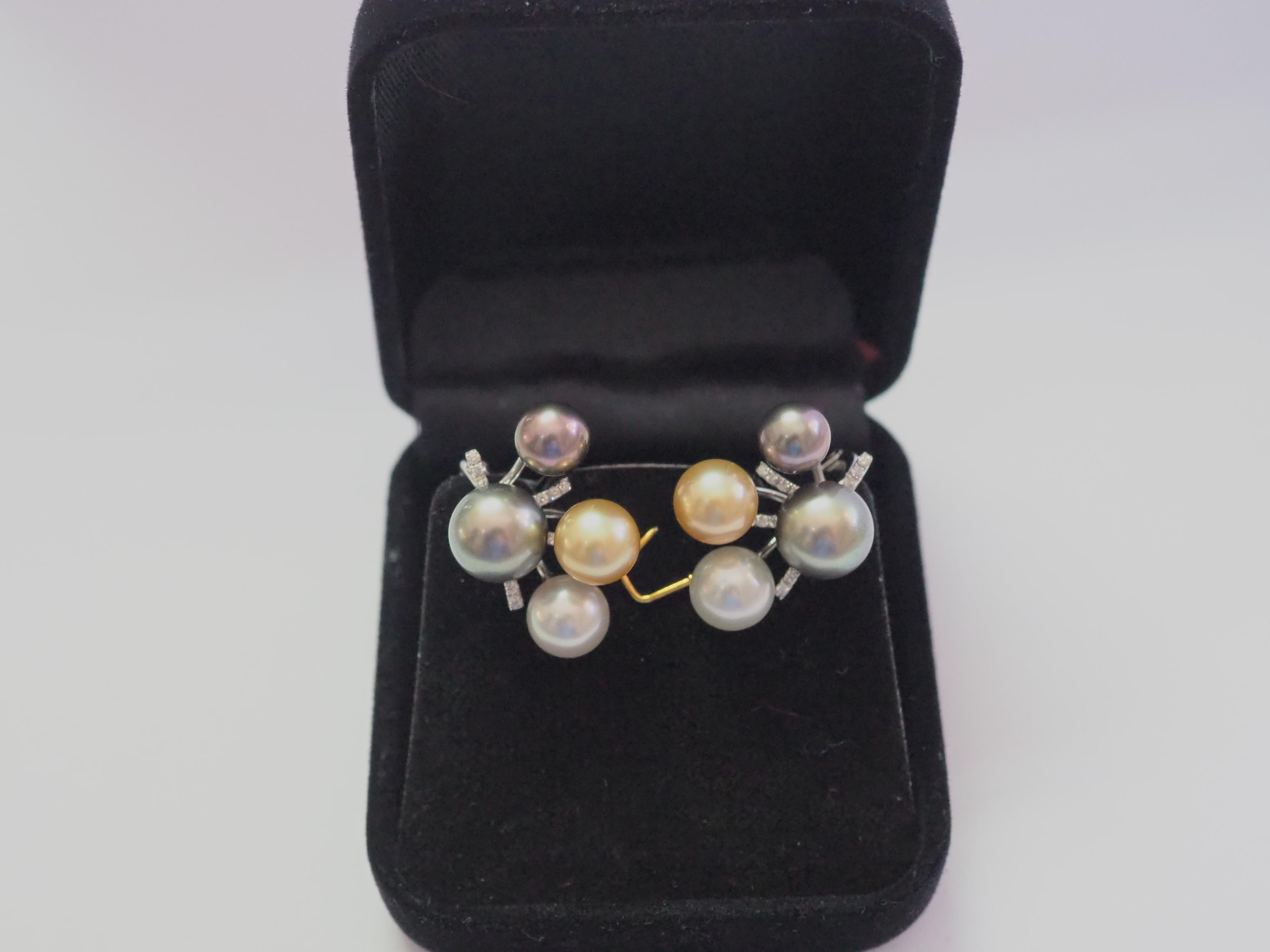 18K White Gold Multi-Color Sea Pearl & 0.19ct Diamond Earrings For Sale 2