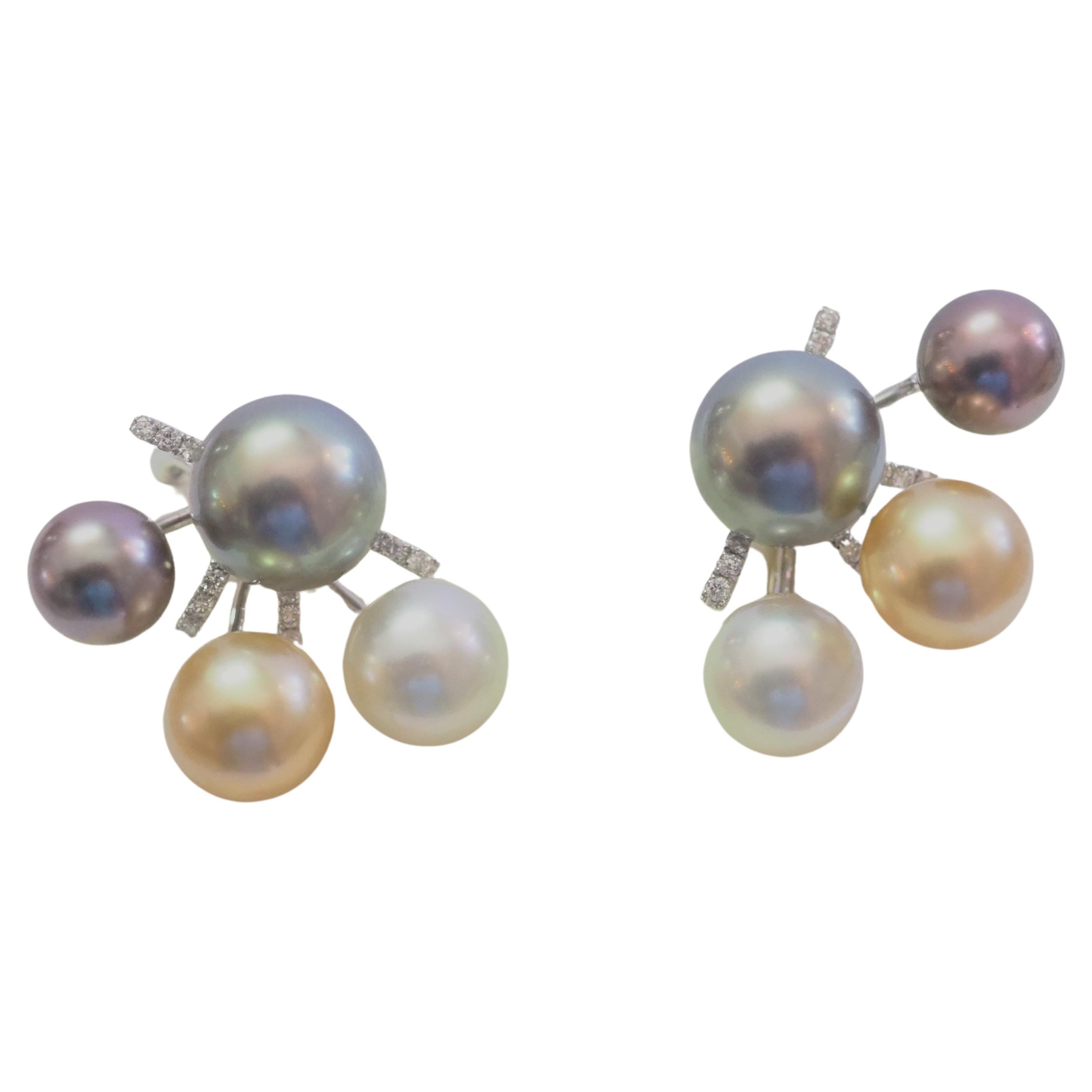 18K White Gold Multi-Color Sea Pearl & 0.19ct Diamond Earrings For Sale