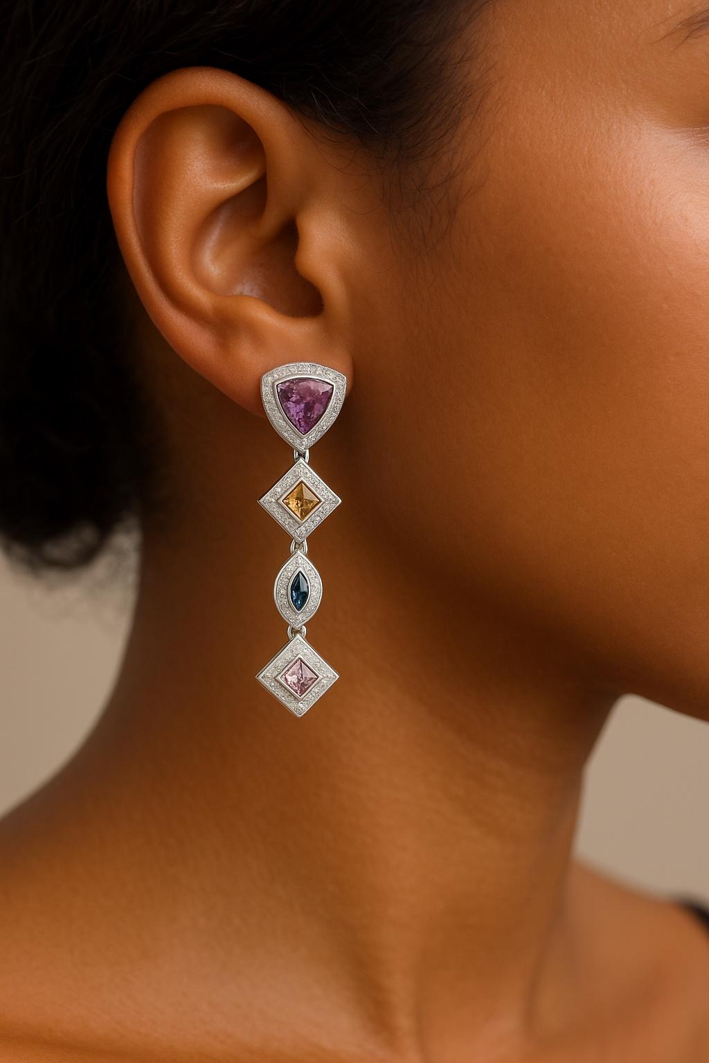 Orecchini a goccia articolati con zaffiro e diamante in oro bianco 18 carati, 5ct Sapph in vendita 5