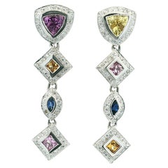 Boucles d'oreilles pendantes articulées en or blanc 18 carats, saphirs et diamants, 5ct Sapph...