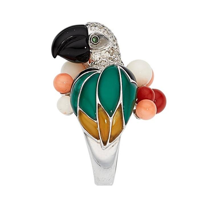 18k White Gold & Multi-Gemstone Parrot Ring w/ 1.62ct Diamonds, Size 6 In Good Condition For Sale In Sherman Oaks, CA