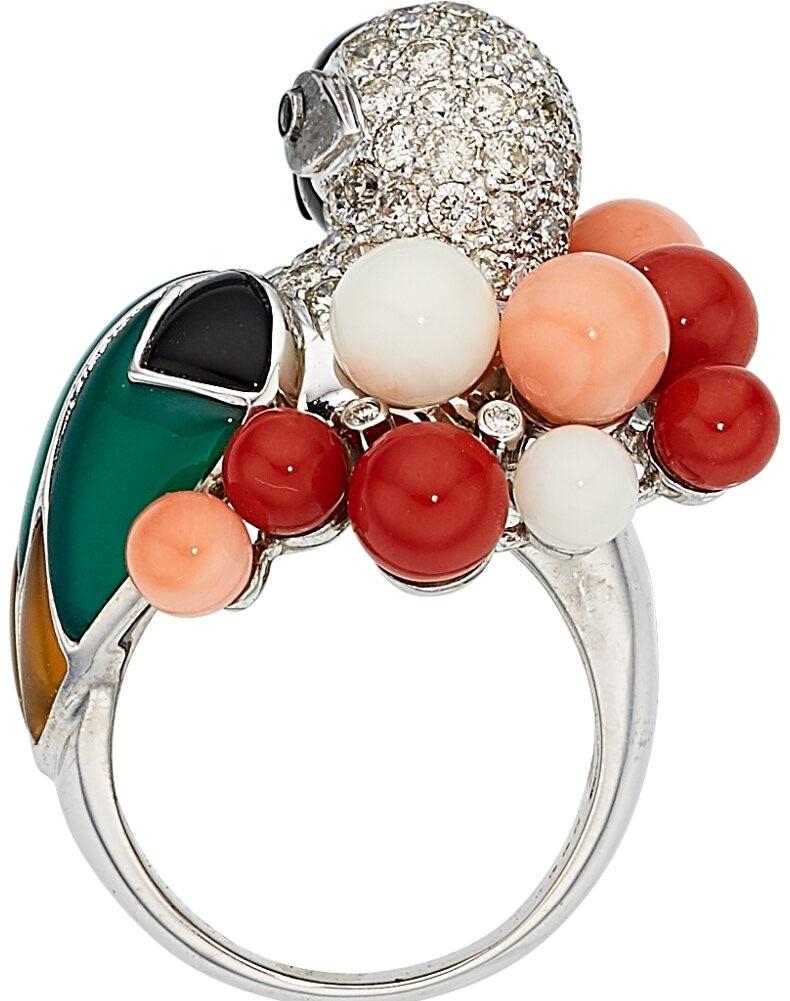 18k White Gold & Multi-Gemstone Parrot Ring w/ 1.62ct Diamonds, Size 6 For Sale 1