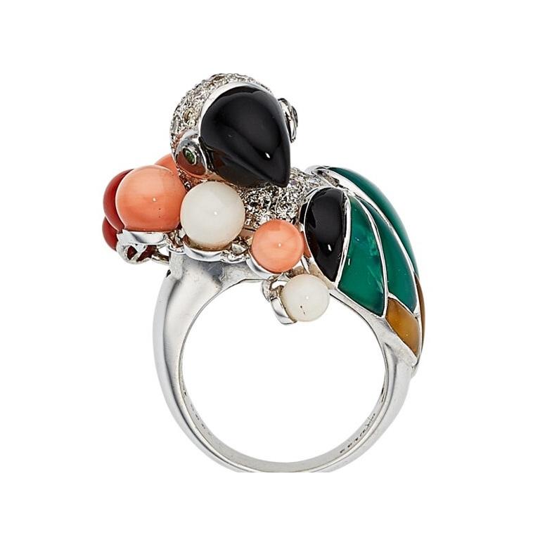 18k White Gold & Multi-Gemstone Parrot Ring w/ 1.62ct Diamonds, Size 6 For Sale 2