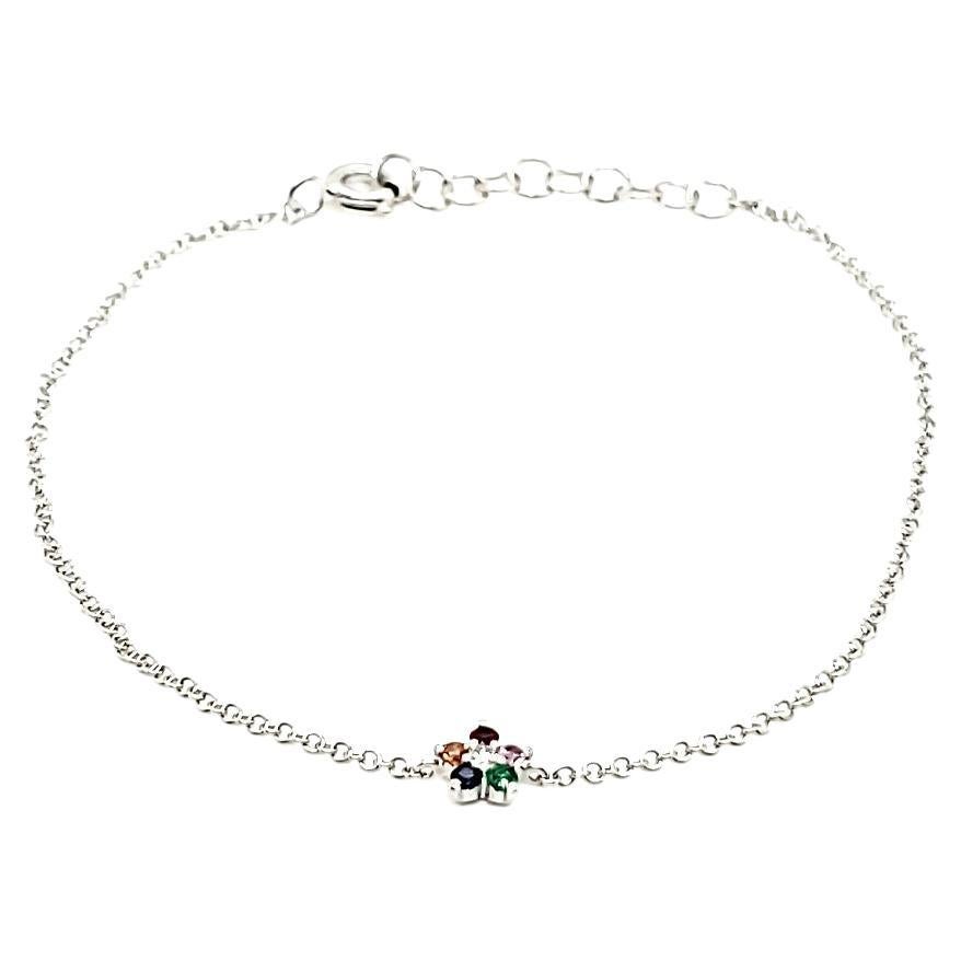 18k White Gold Multi-Gemstones Cts 0.12 and Round Diamond Flower Bracelet