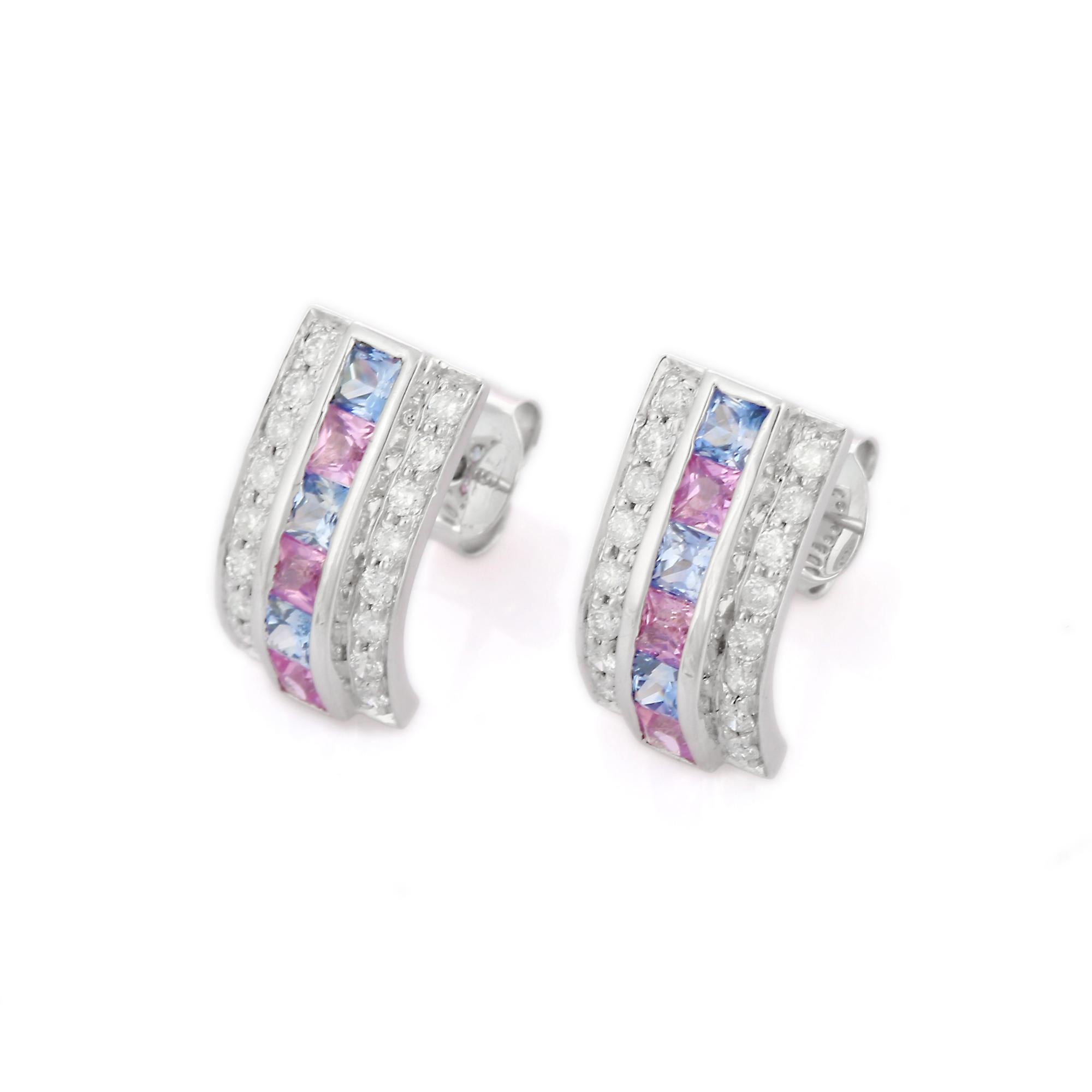 Studs create a subtle beauty while showcasing the colors of the natural precious gemstones and illuminating diamonds making a statement.

Square cut multi sapphire studs with diamonds in 18K gold. Embrace your look with these stunning pair of