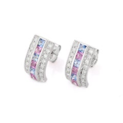 18K White Gold Multi Sapphire Diamond Curved Bar Stud Earrings
