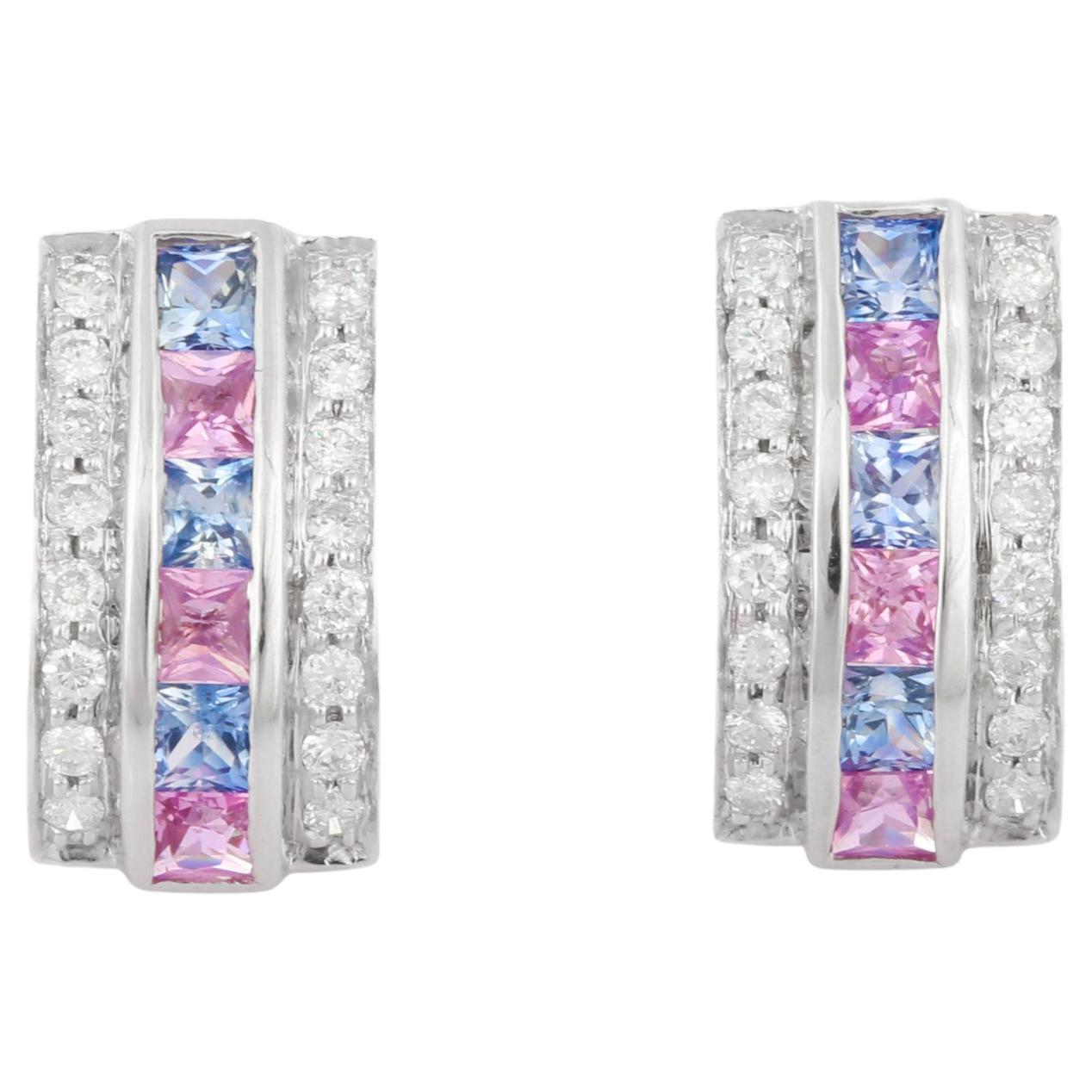 18K White Gold Multi Sapphire Diamond Curved Bar Stud Earrings For Sale