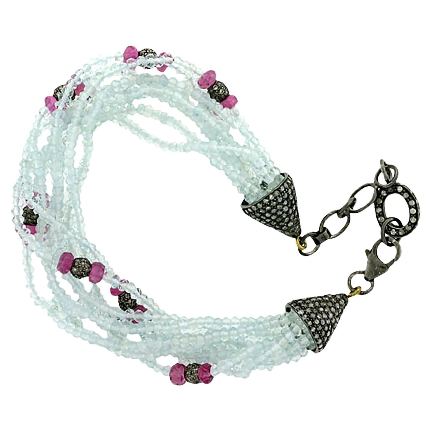 18K White Gold Multi-Strand Aquamarine, Tourmaline, and Diamond Bracelet For Sale