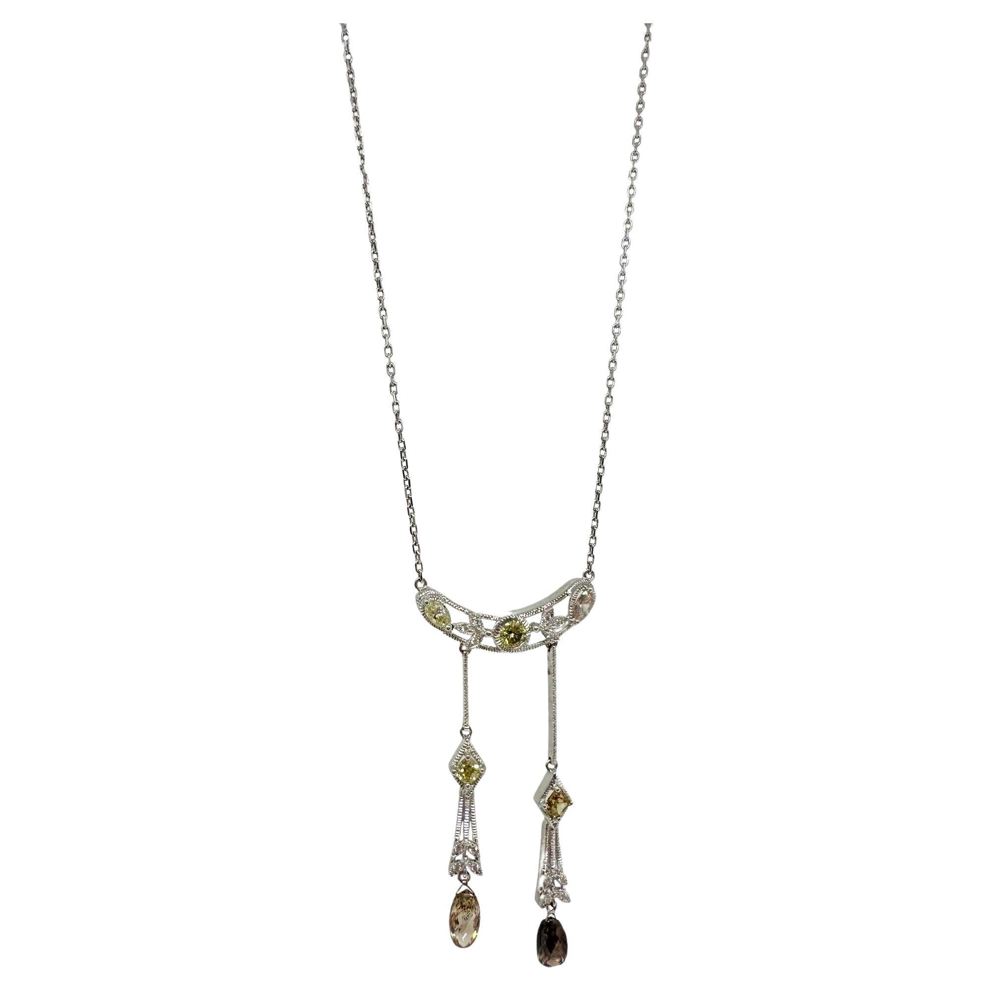 18k White Gold Multicolor Diamond and Brown Briolette Necklace